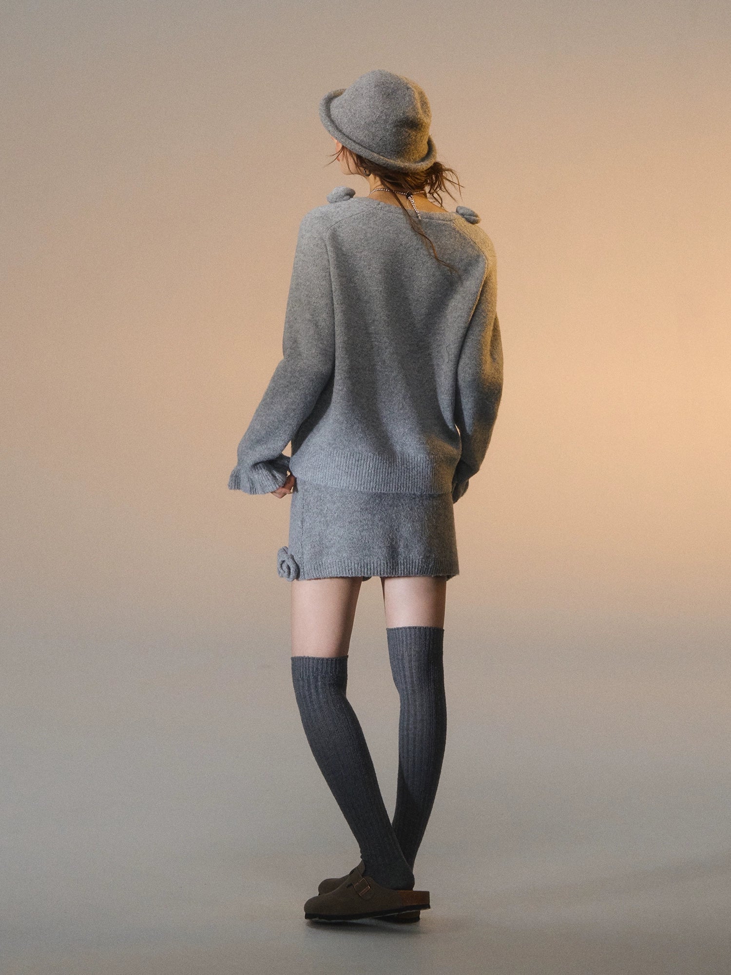 3D Rose V-Neck Knit Sweater & A-Line Knit Skirt Set