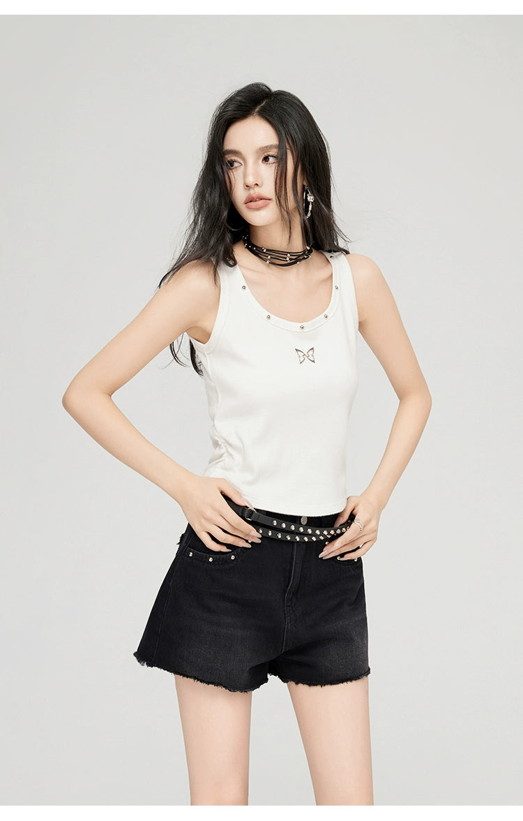 Black & Blue Frayed Denim Shorts - CHINASQUAD