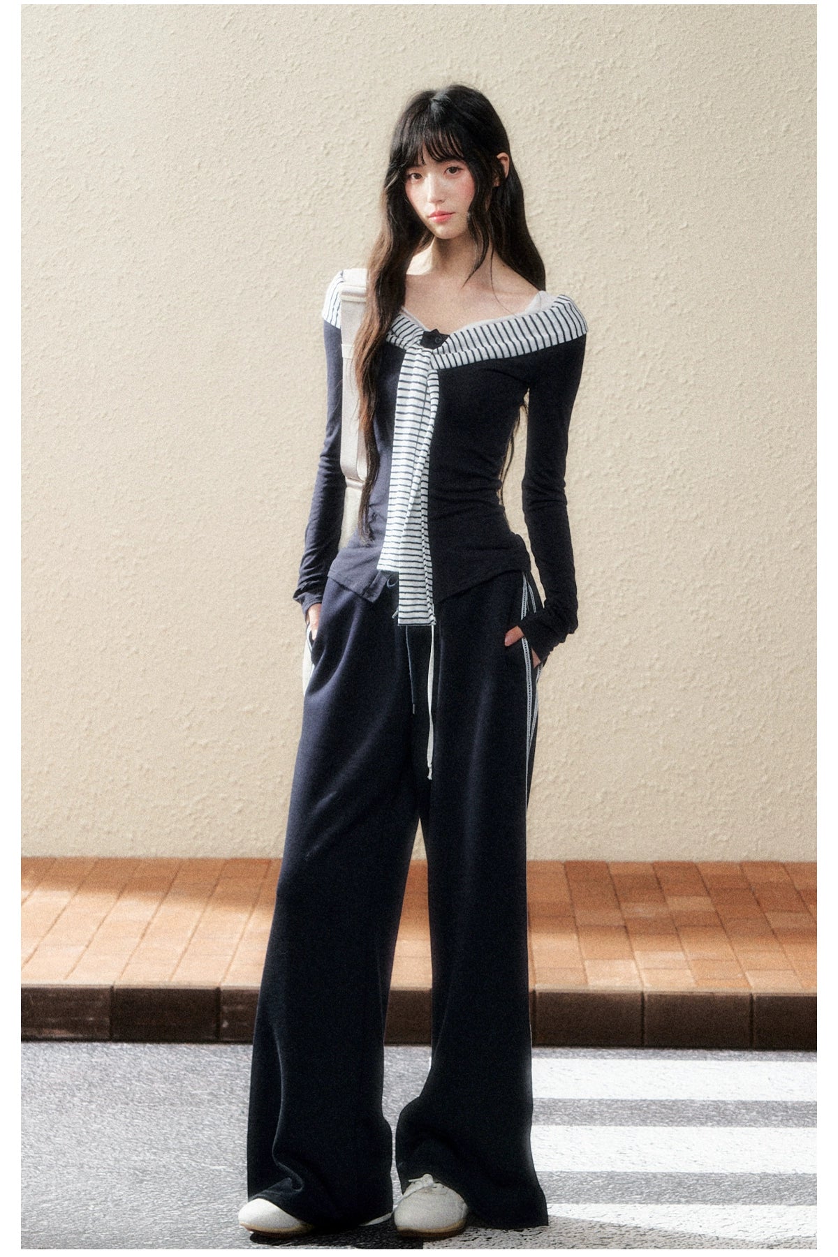 Navy Sailor-Collar Contrast Stripe Knit T-shirt - CHINASQUAD