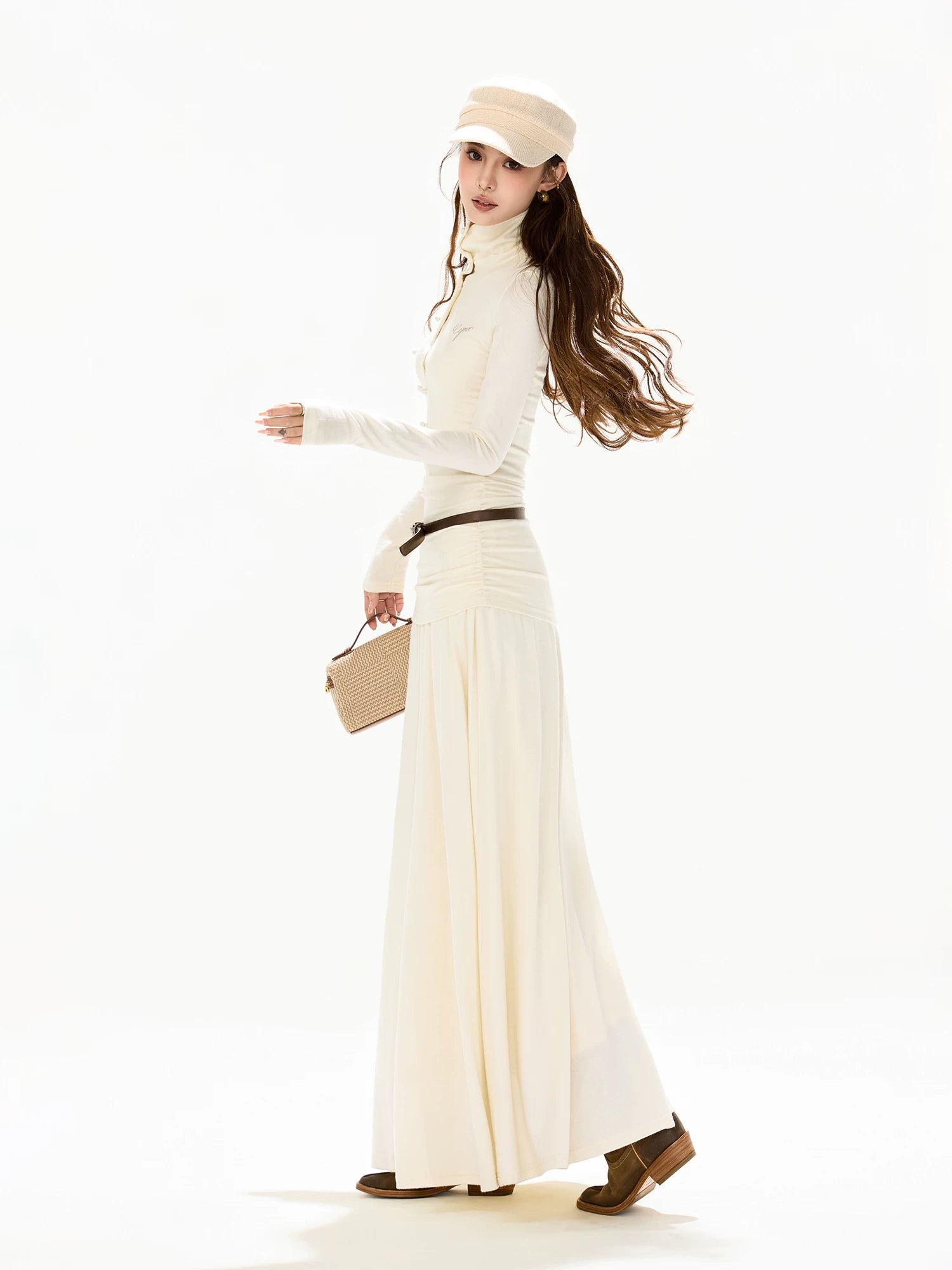 Elegant High-Neck Wool Knit Maxi Dress