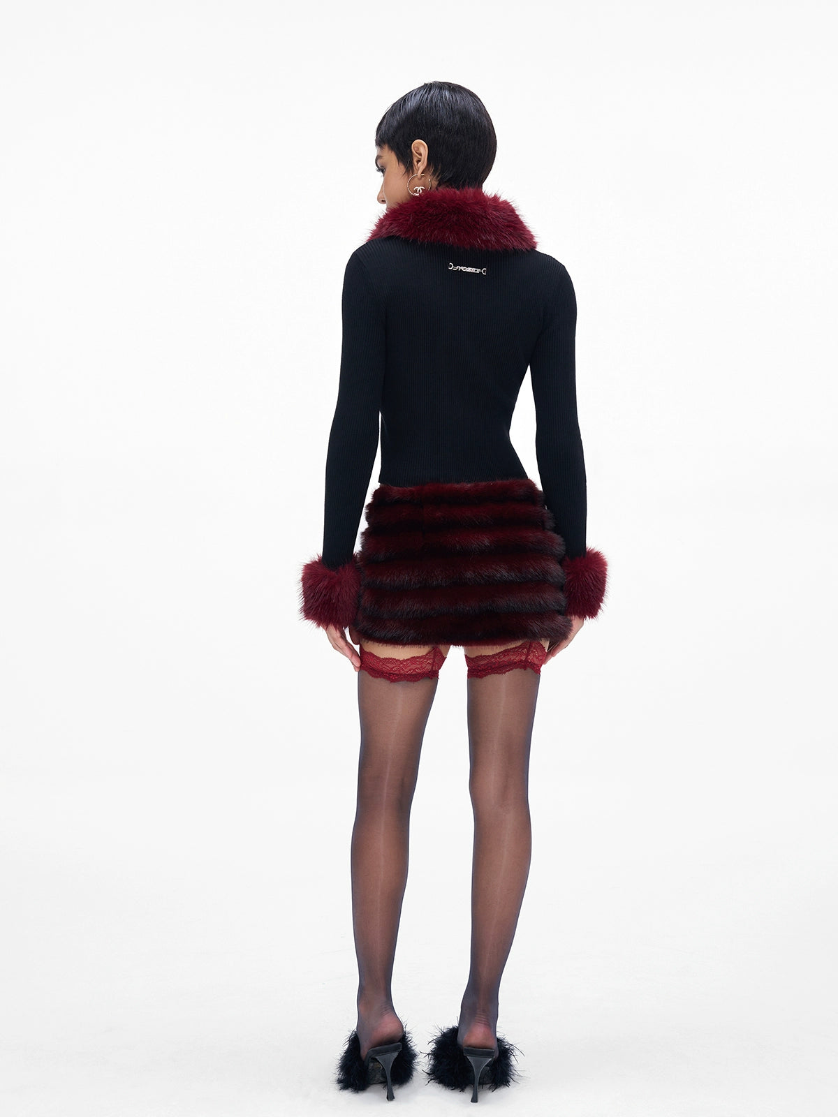 Fur-Collar Knit Cape & Fuzzy Bodycon Skirt Set