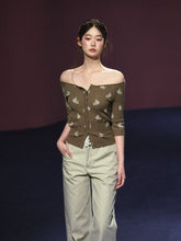 Floral Pattern Off-shoulder Mosaic Knit Cardigan - CHINASQUAD