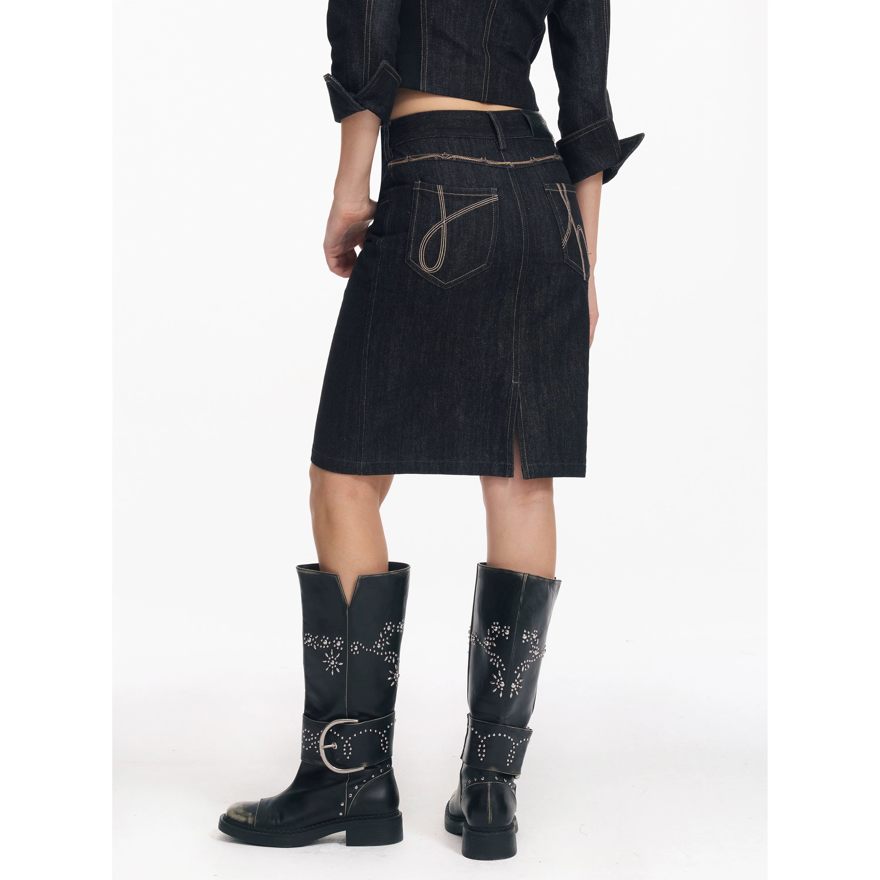Cropped Stripe Stitch Denim Jacket & Skirt Set