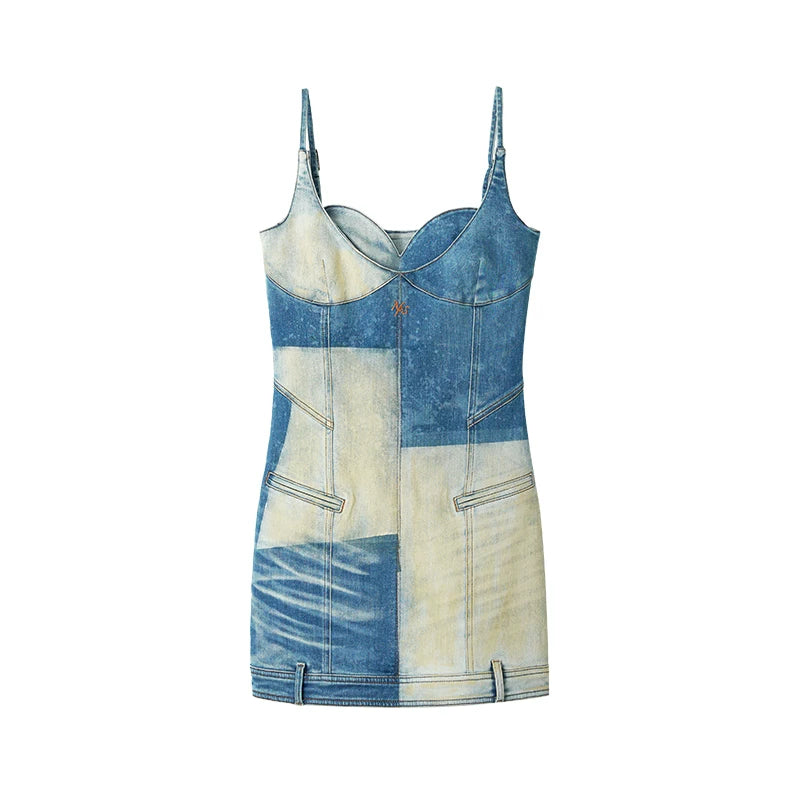 Equestrian Contrast Panel Denim Slip Dress