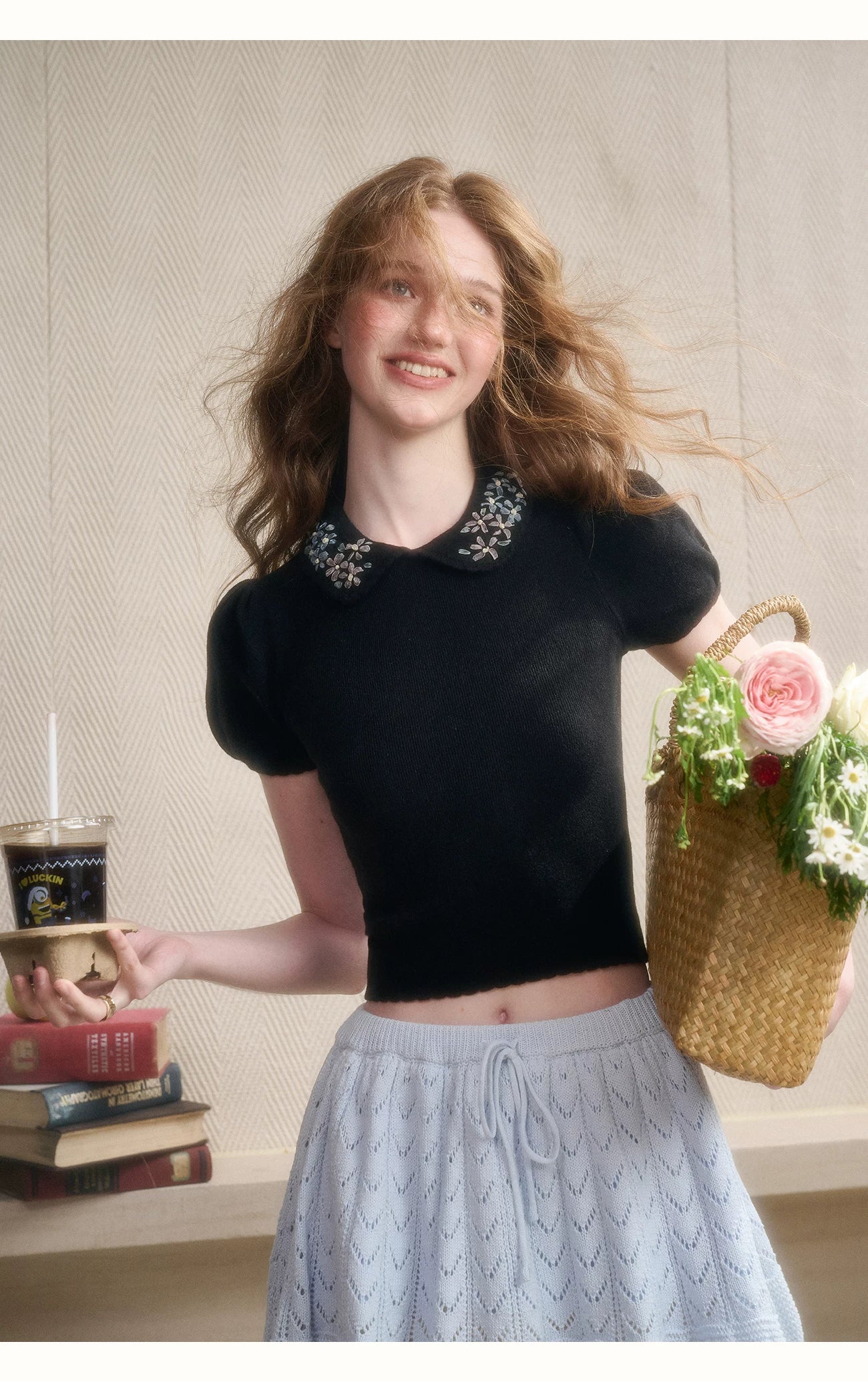 Frozen Flower Ribbon Embroidered Knit Top