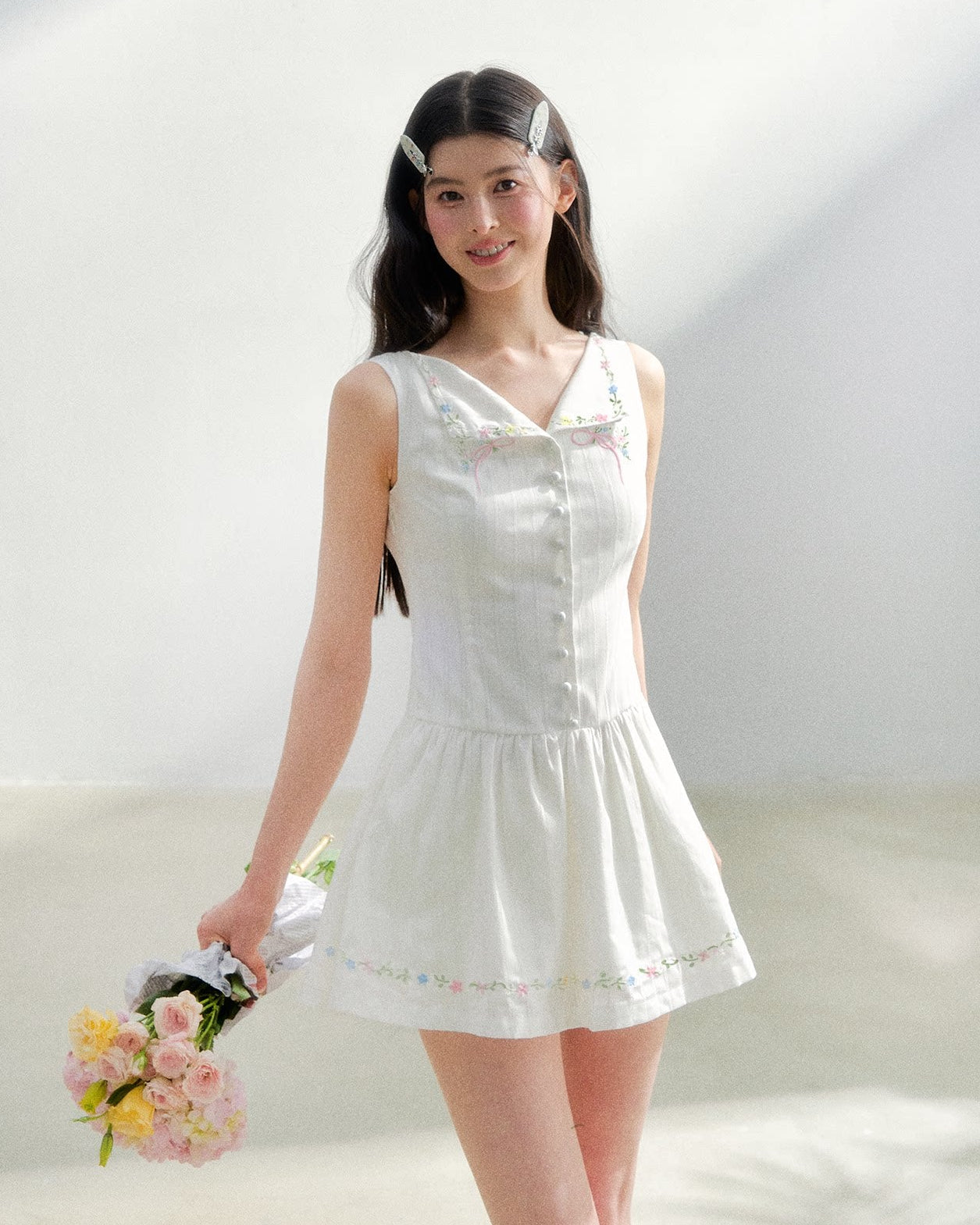 Embroidered Waist-Cinched White Dress White | Final Sale