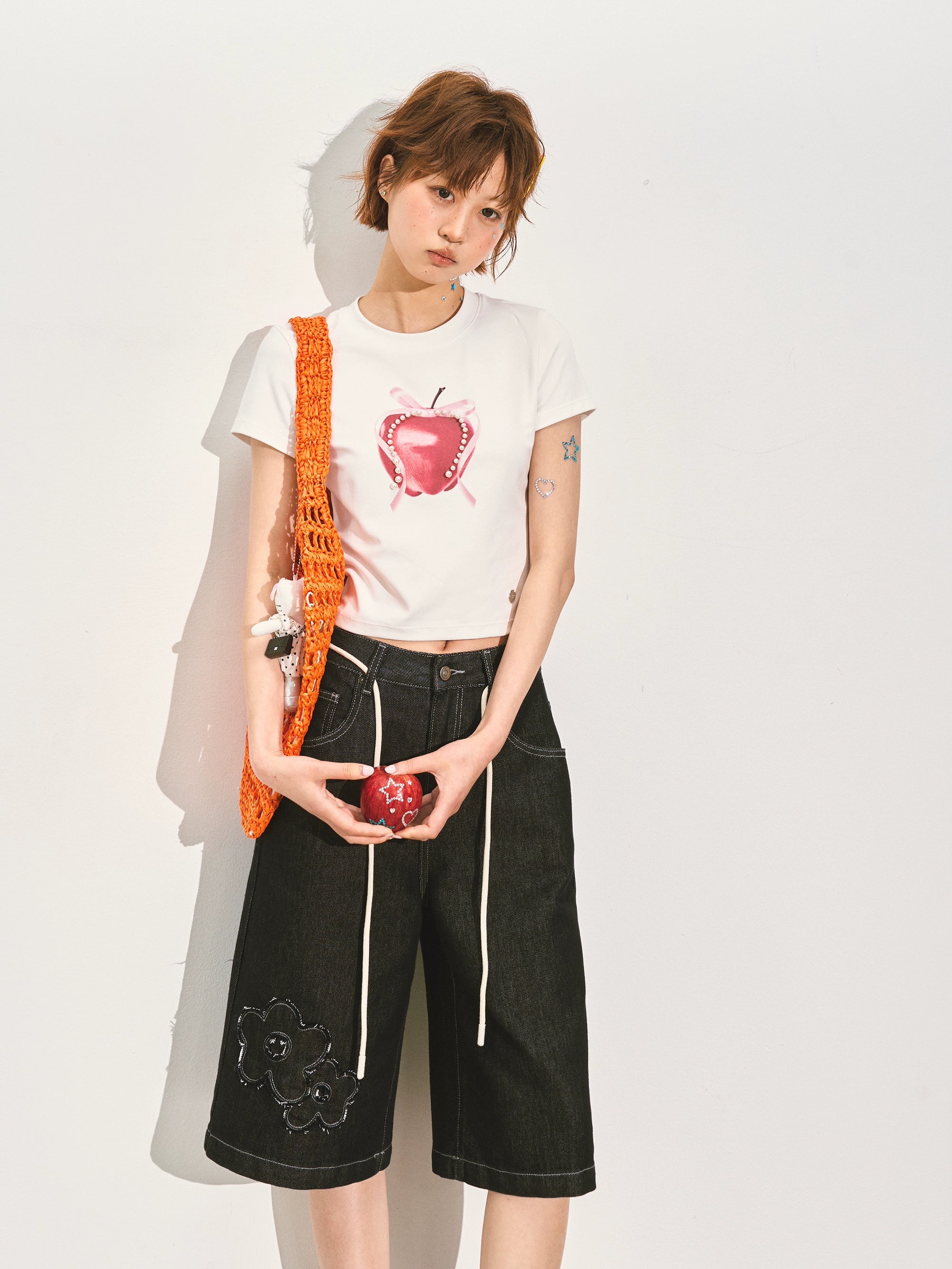 Pearl Bow Fruity Slim-fit Short Sleeve T-shirt - CHINASQUAD