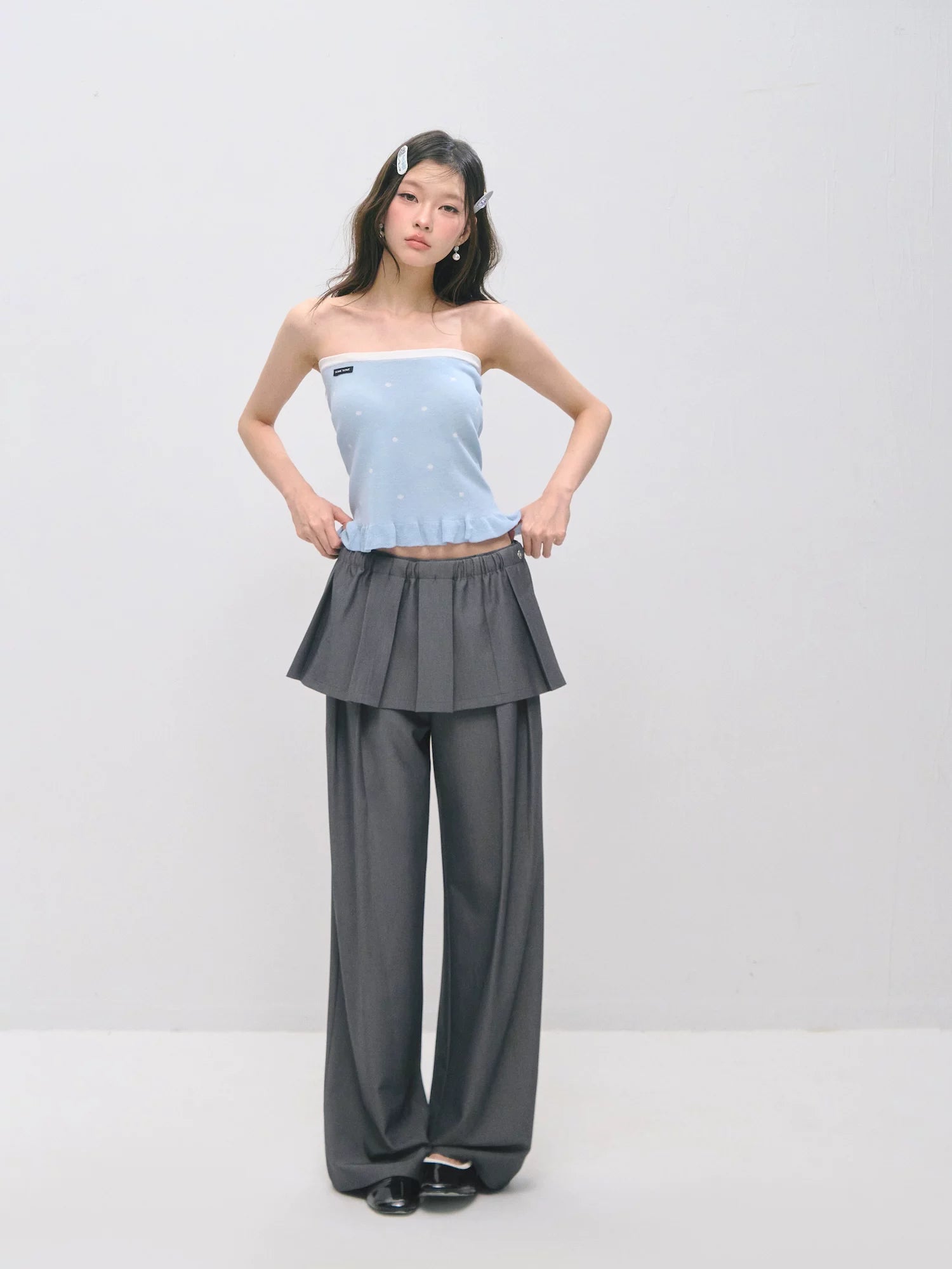 Detachable Pleated Overlay Tailored Wide-Leg Trousers