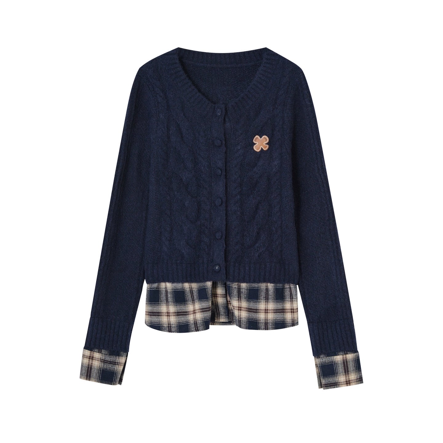 Layered Plaid Patchwork Cable Knit Cardigan