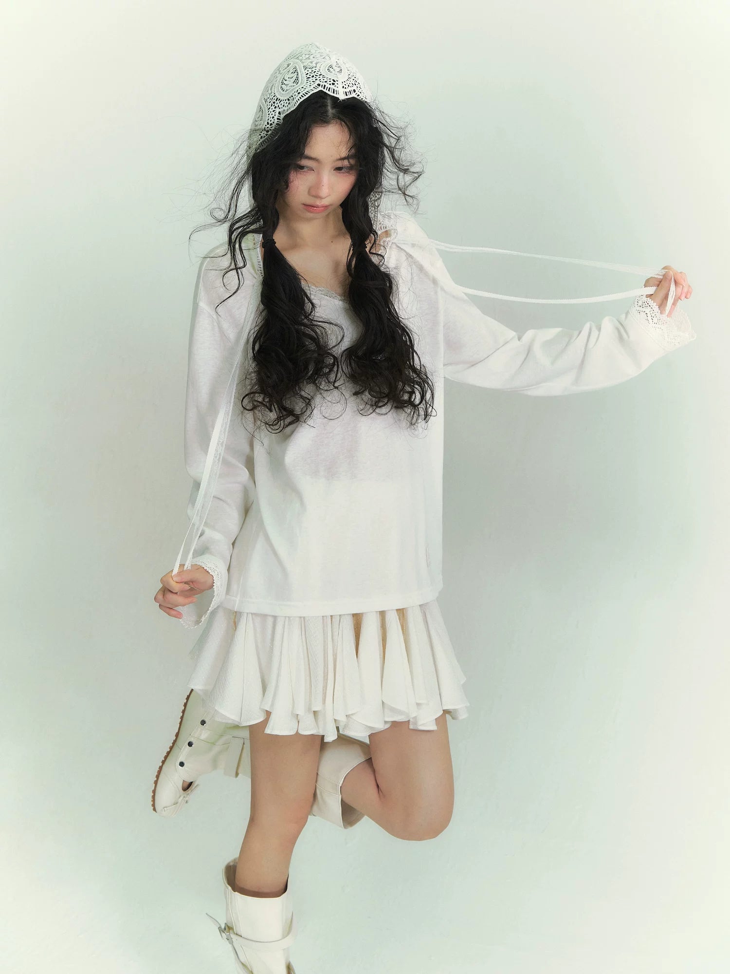 Lace Panel Tie-Detail Hooded Blouse