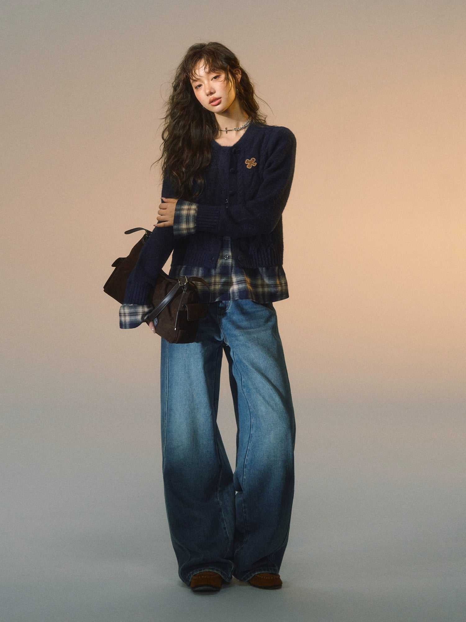 Layered Plaid Patchwork Cable Knit Cardigan