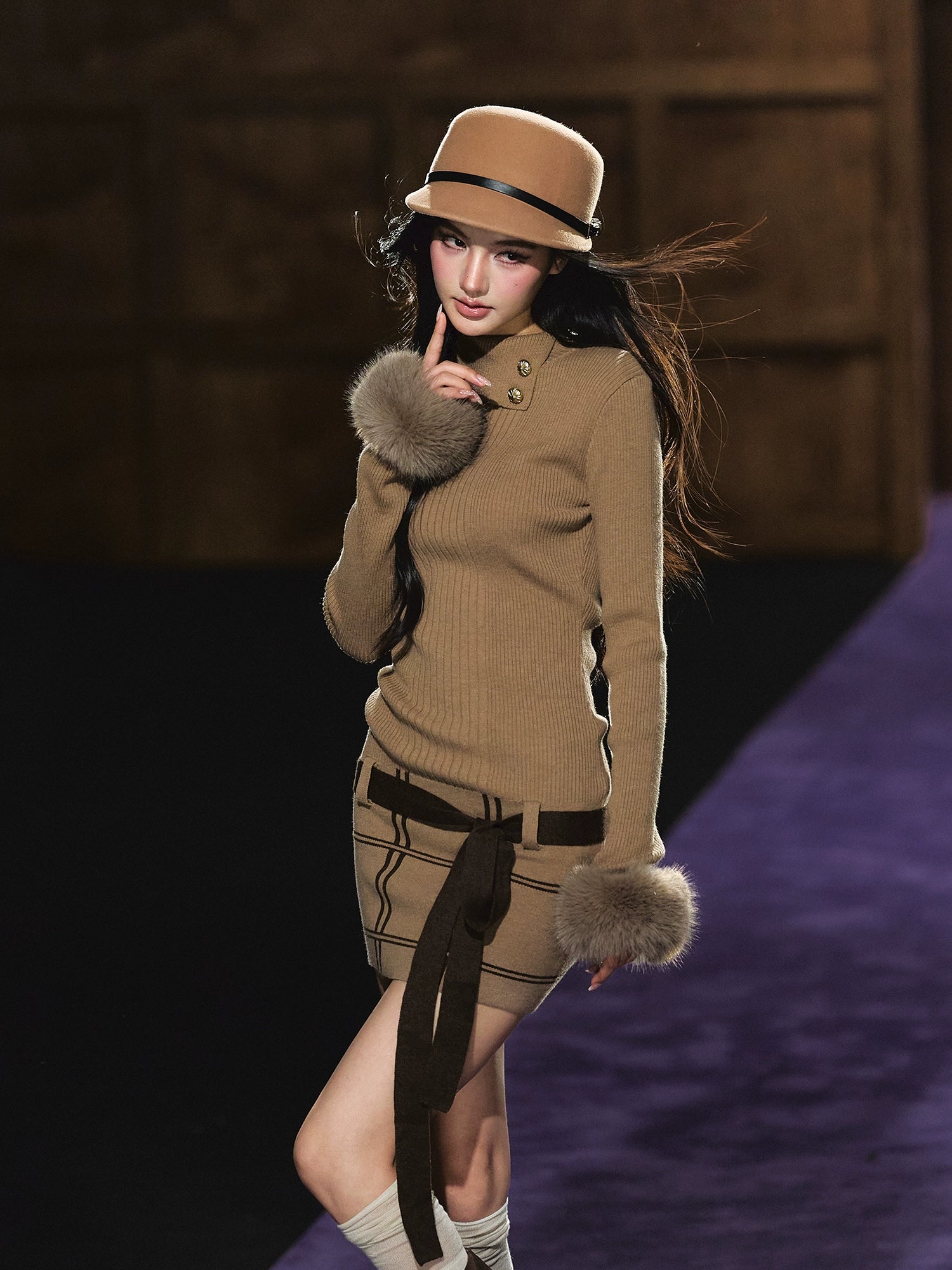 Faux Fur Cuff High-Neck Knit Dress