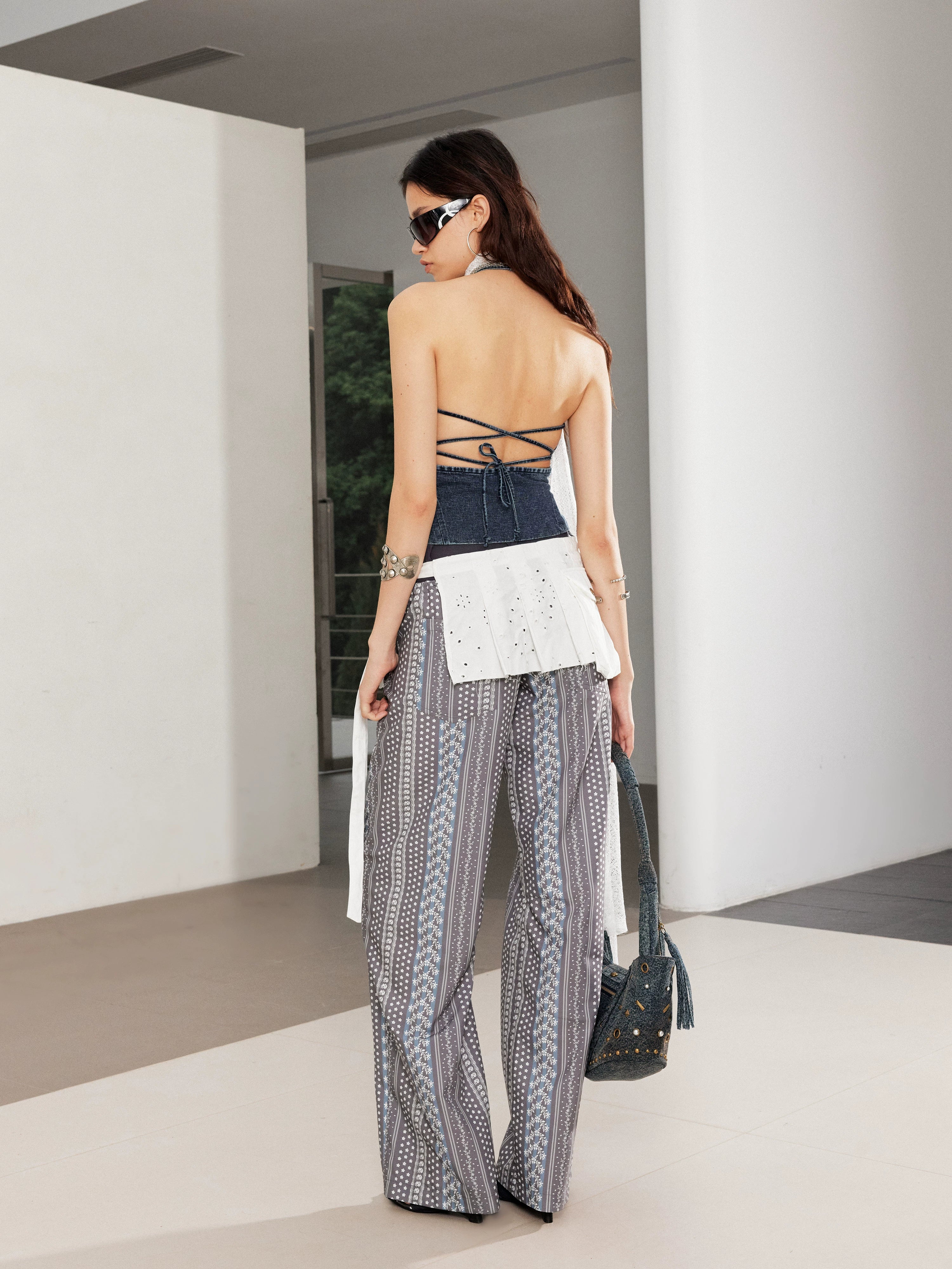 Printed Spliced Low-Waist Striped Wide-Leg Pants - CHINASQUAD