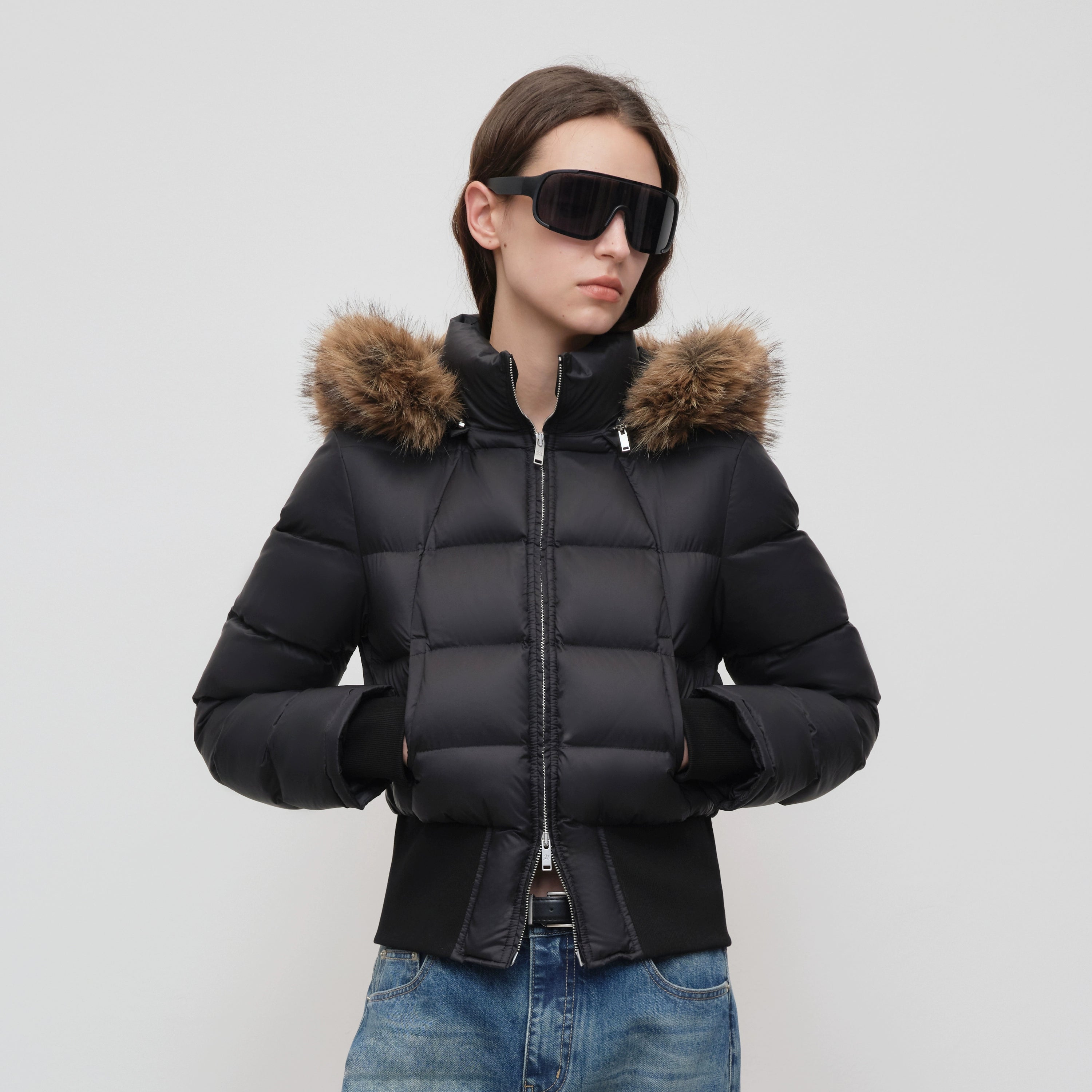 90% White Duck Fur Collar Cropped Down Jacket - CHINASQUAD