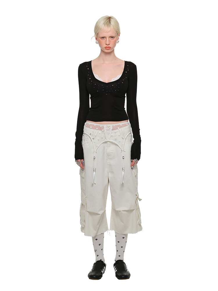 Deep V-Neck Studded Rhinestone Top - CHINASQUAD