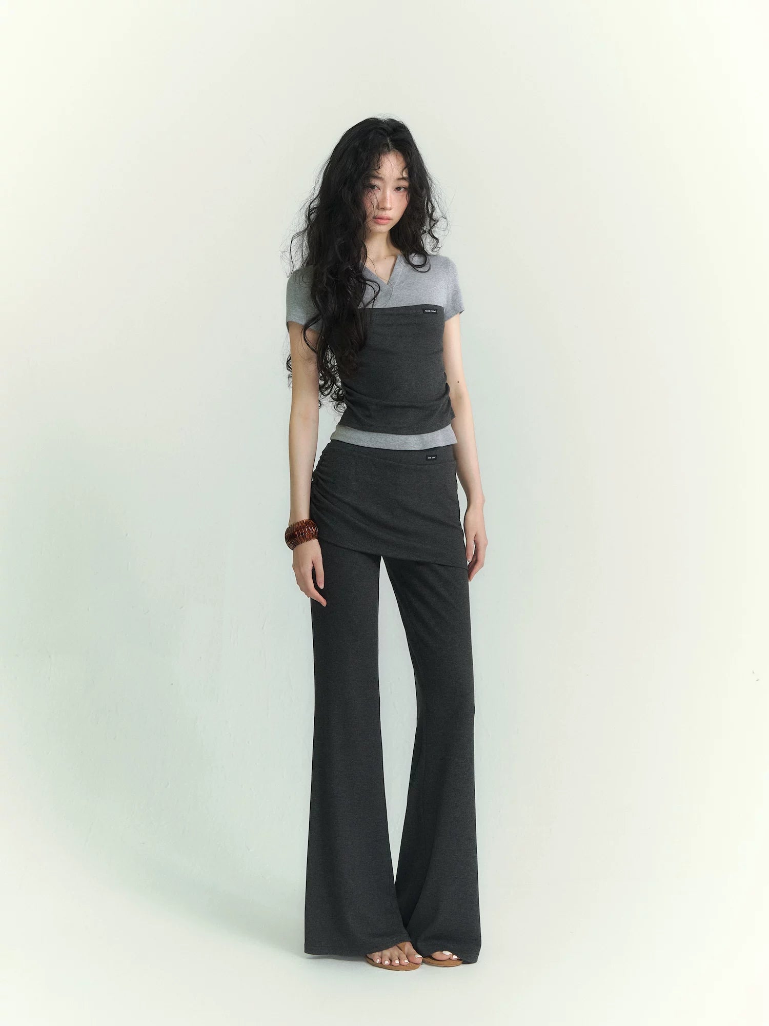 Layered Bandeau-Effect V-Neck Short Sleeve Top & Ruched Panel Lounge Flared Pants Set