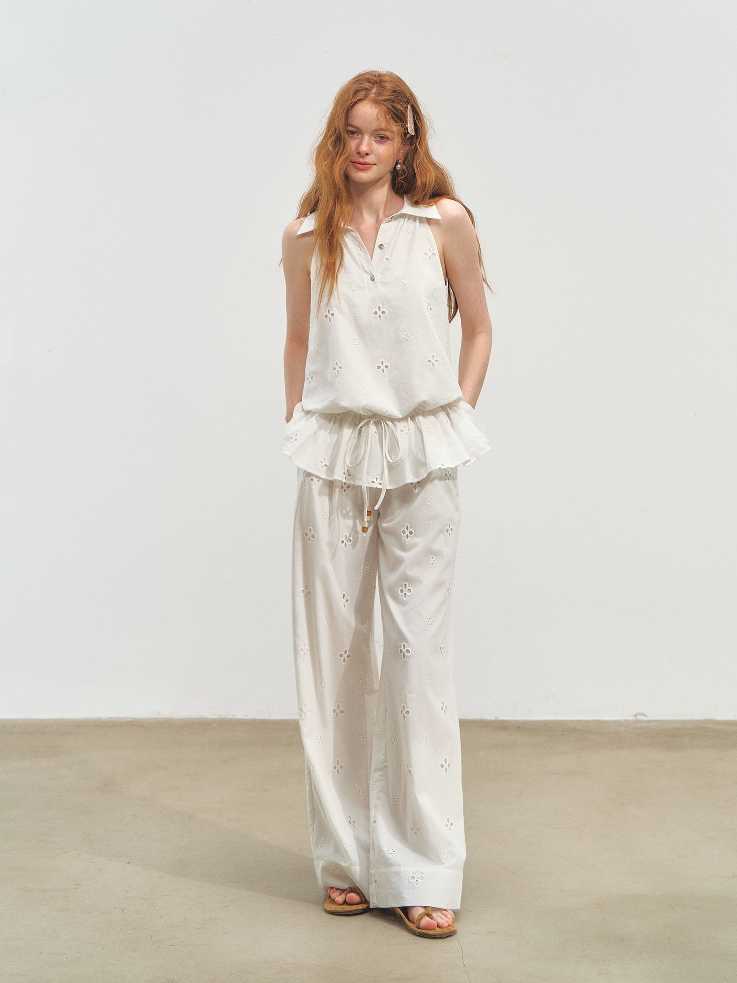 French-Style Printed Sleeveless Halter Tie-Up Top - CHINASQUAD