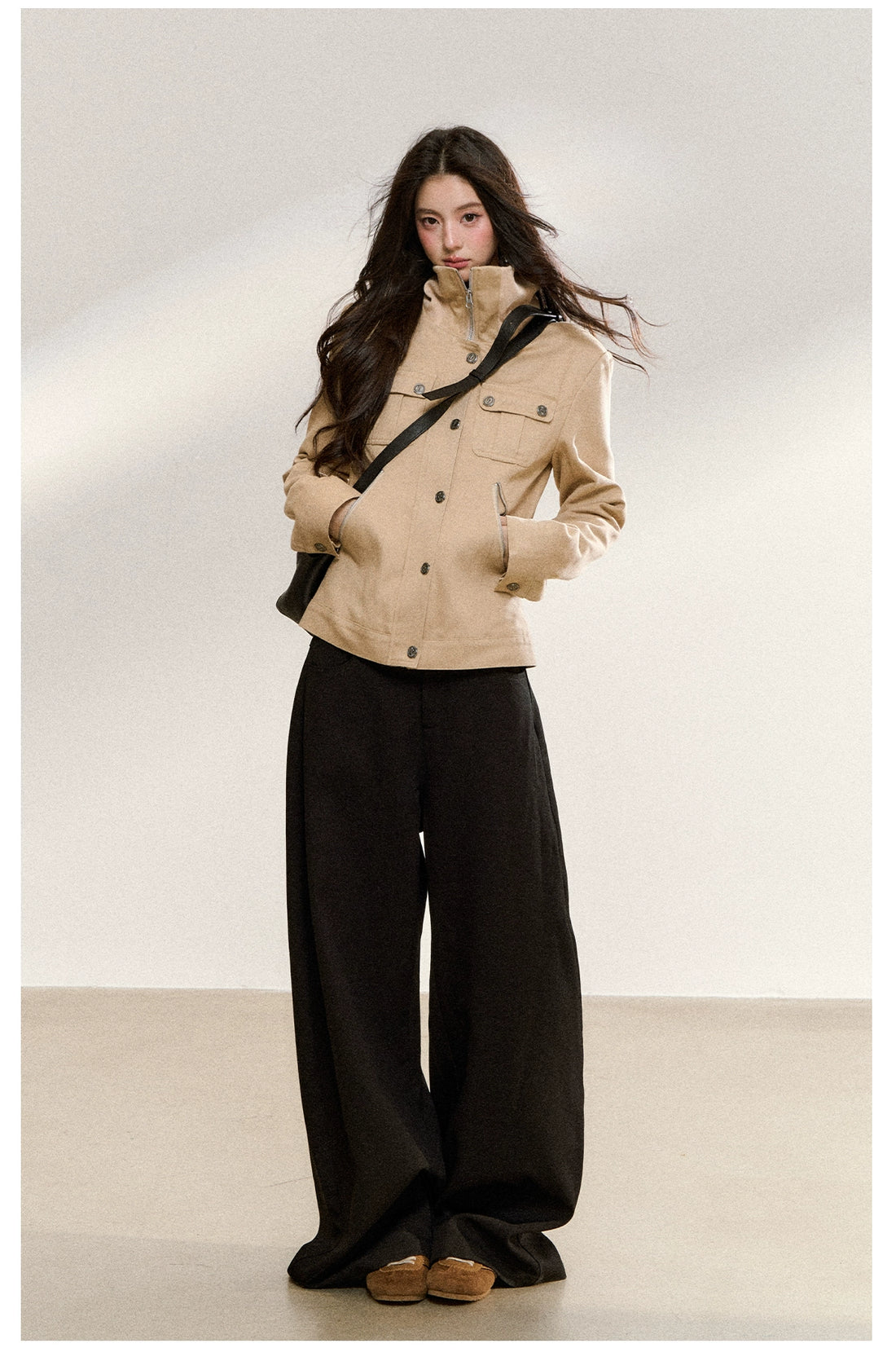 Vintage Suede Stand-Collar Fitted Jacket