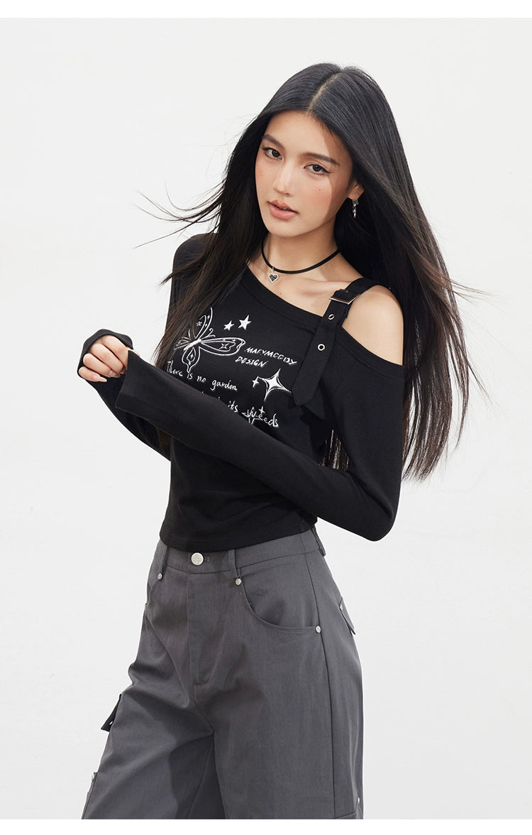 Butterfly Cold-Shoulder Long-Sleeve T-shirt