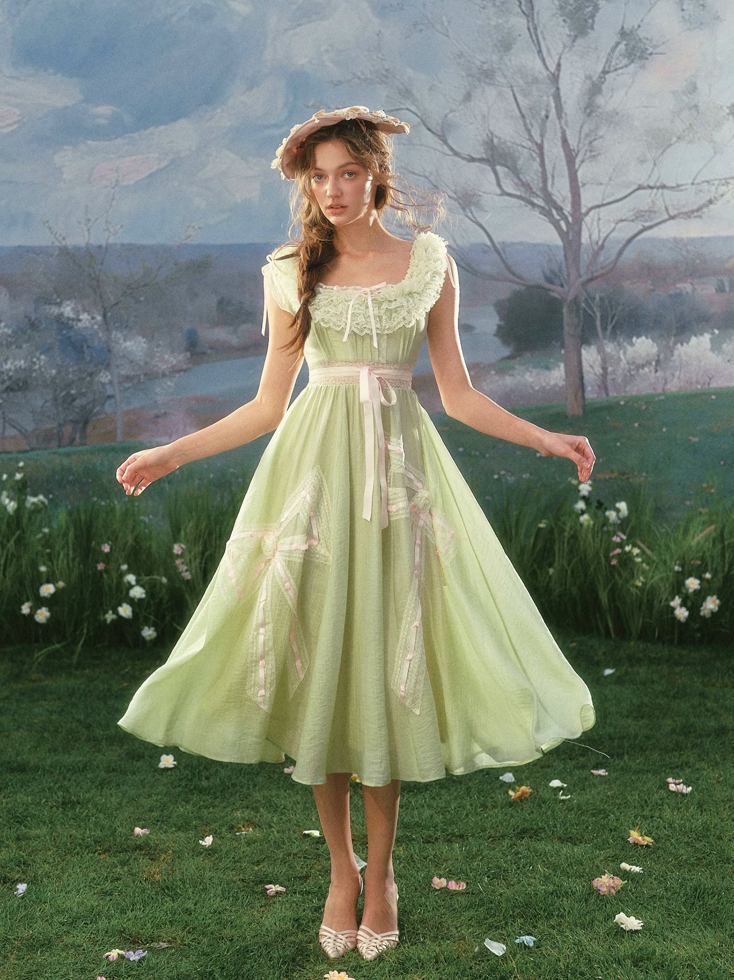 Green Kite Off-Shoulder Lace Fairy Dress