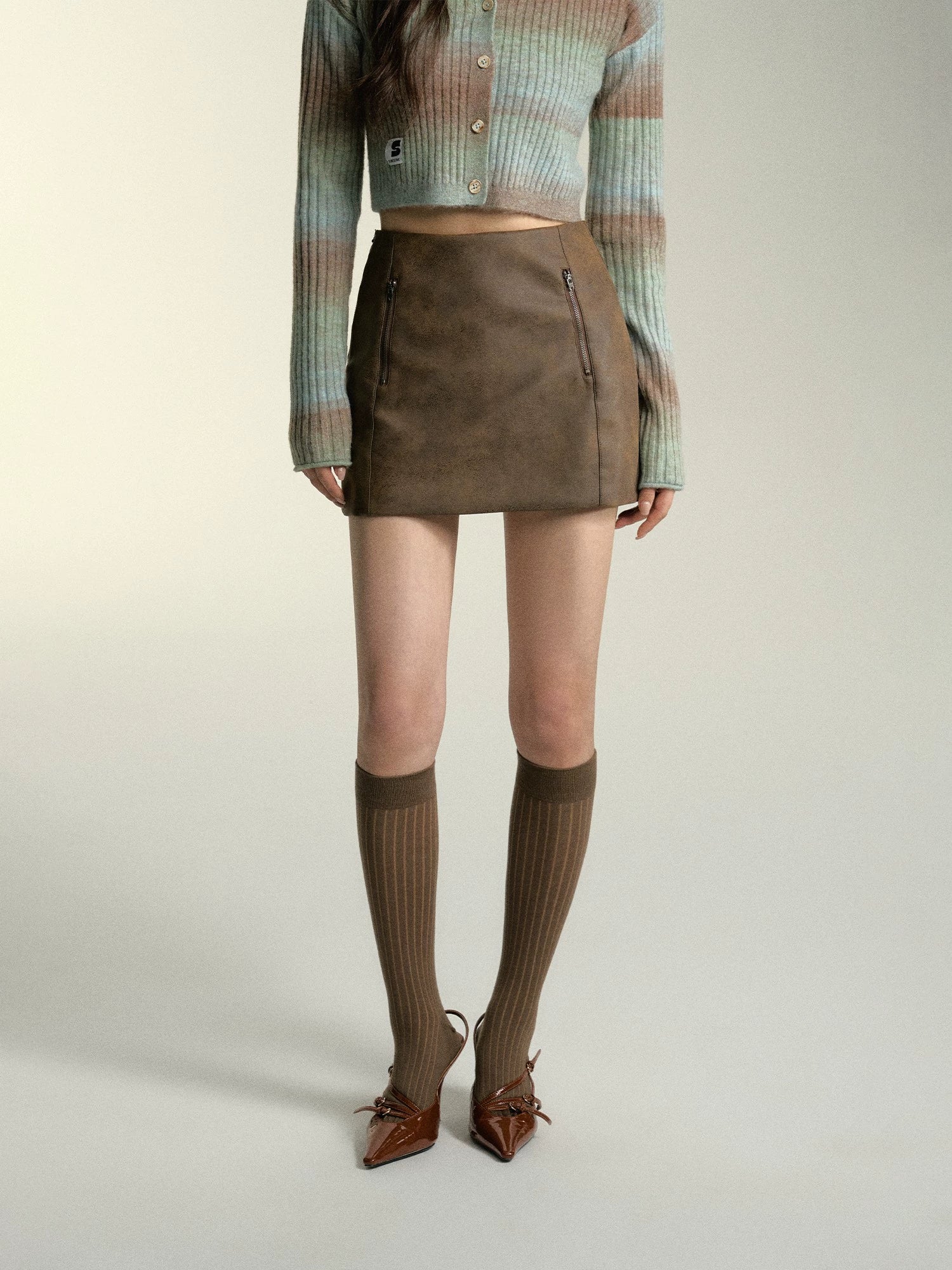 SOMESOWE Black Brown Patchwork Leather Skirt