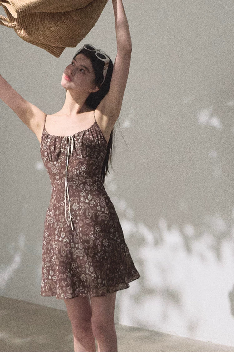 Bohemian Floral Print Waist-Cinched Sleeveless Slip Dress