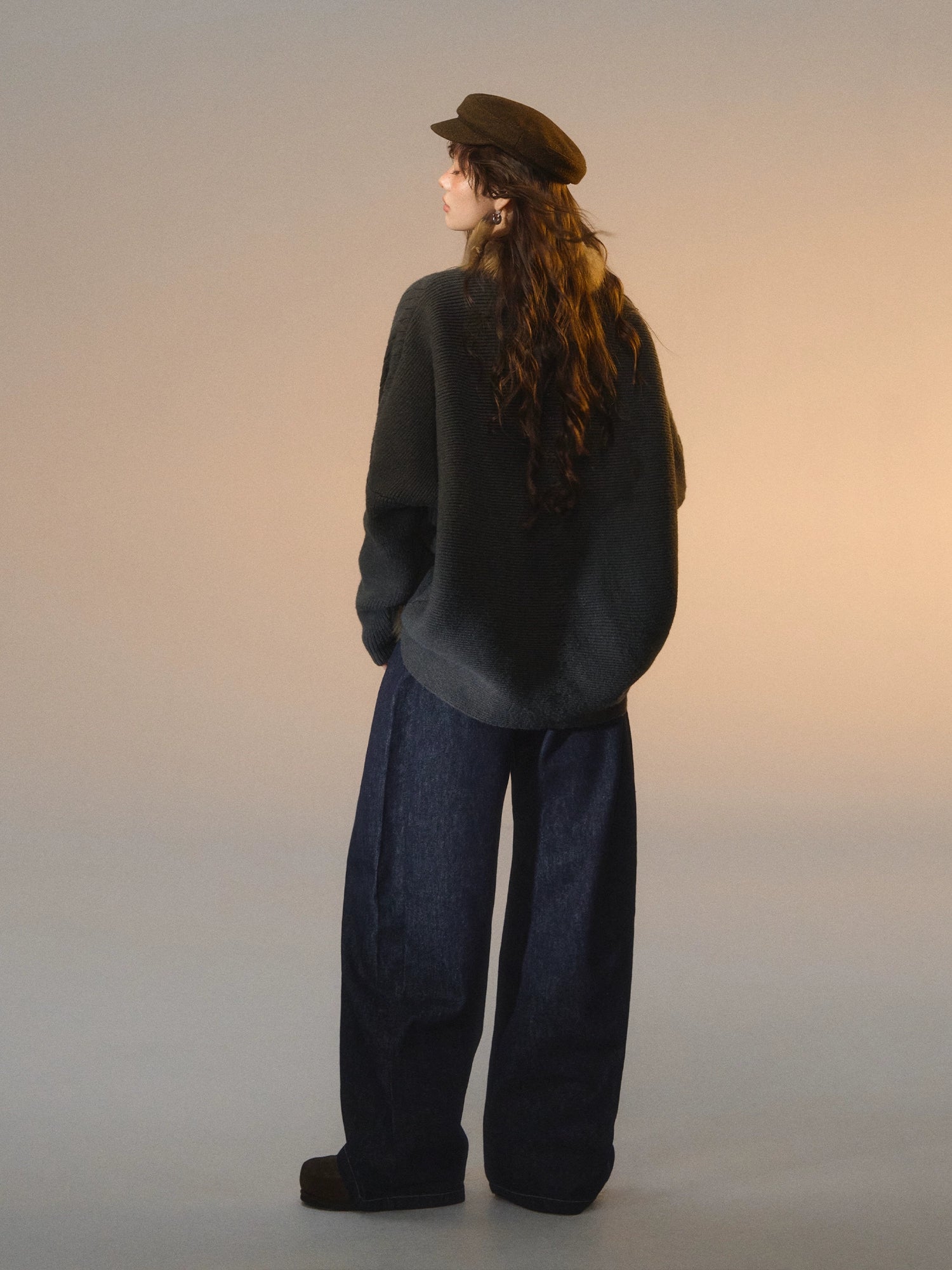 Tie-Detail Batwing Faux Fur Collar Sweater