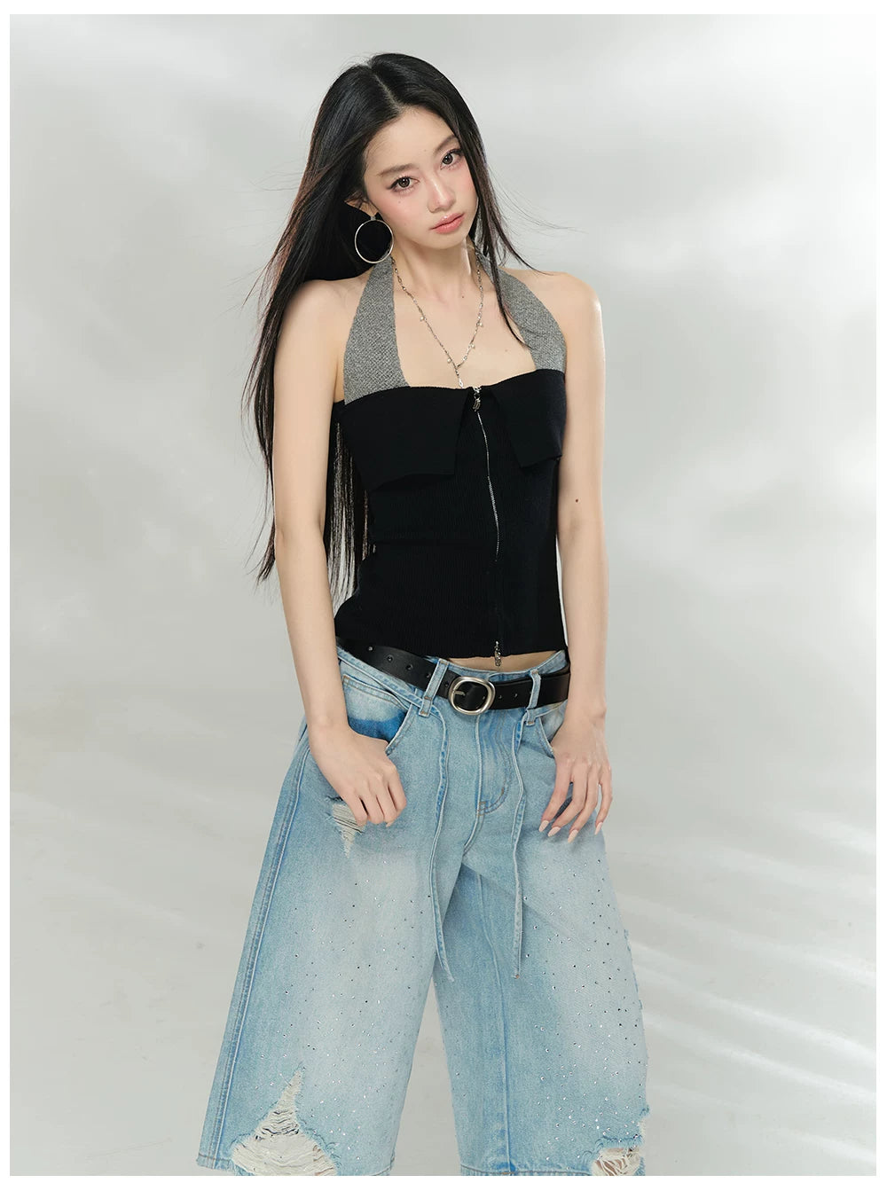 Contrast Halter Zip-Up Knit Tank Top