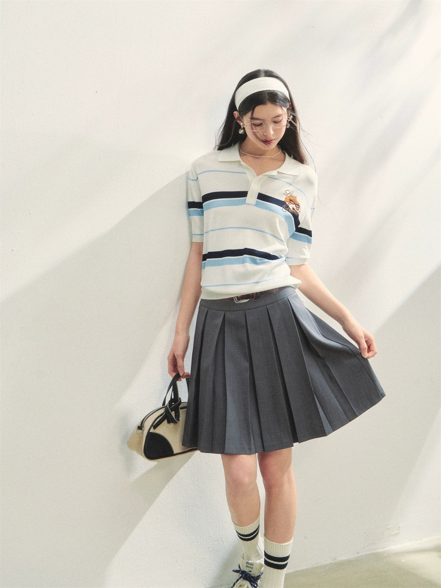 Fake Two-piece Printed Belted Pleated Skirt - CHINASQUAD