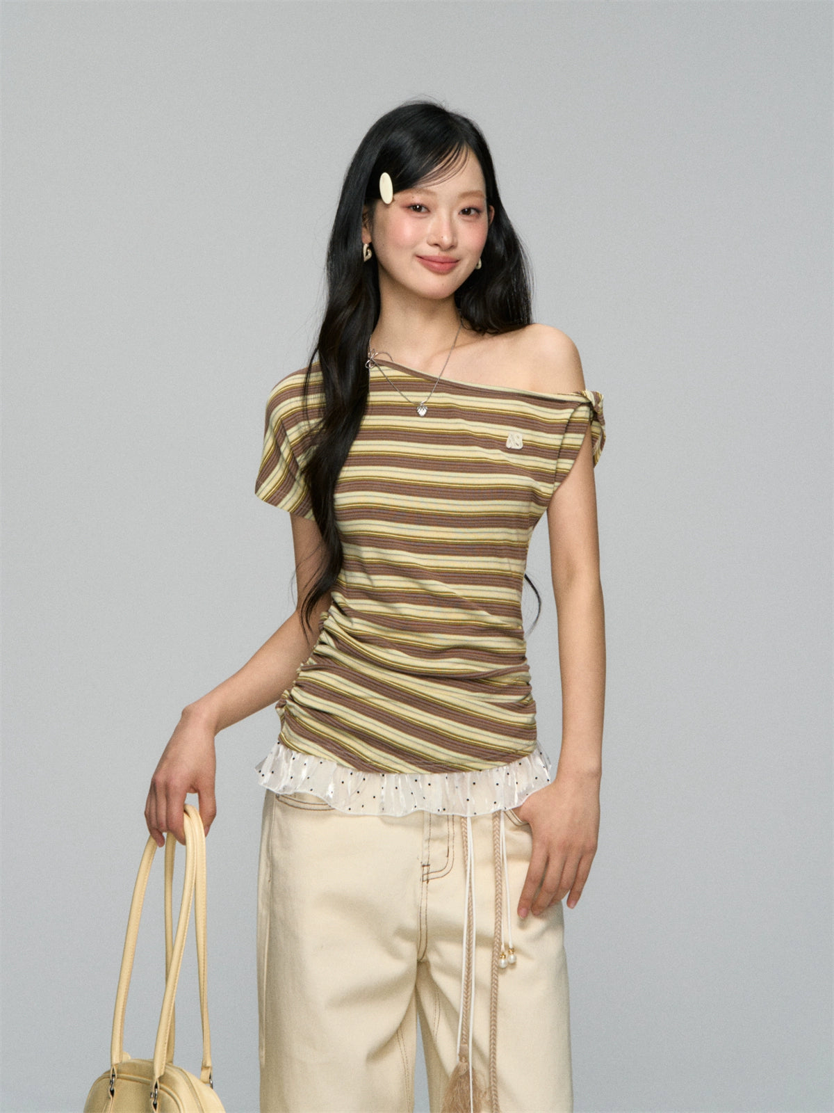 Striped Lace-Spliced Asymmetric-Shoulder T-shirt - CHINASQUAD