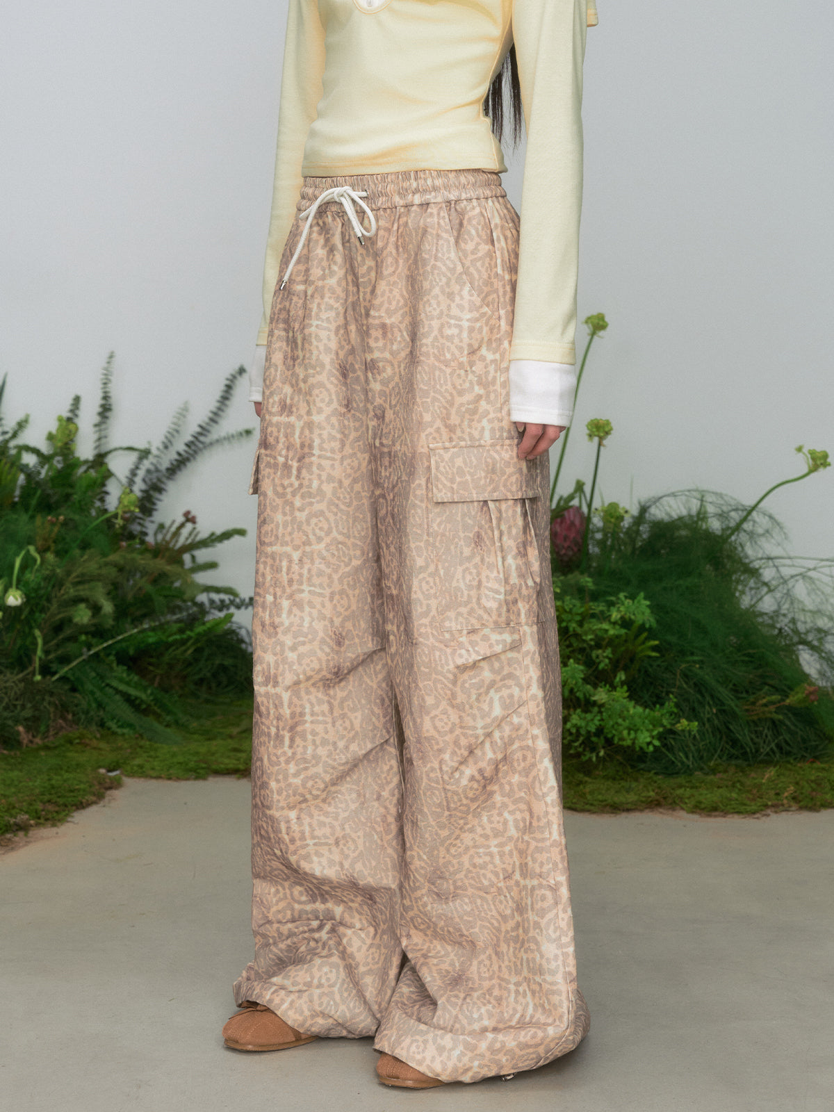 Leopard Print Cargo Drawstring Wide-Leg Pants - CHINASQUAD