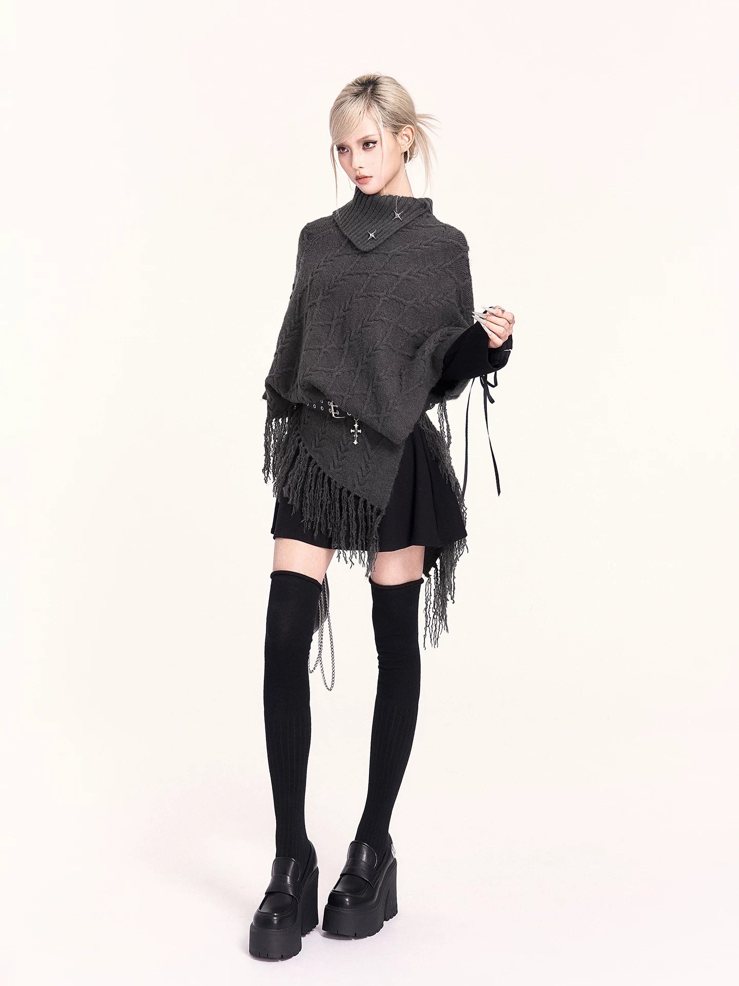 Asymmetric Turtleneck Knit Cape