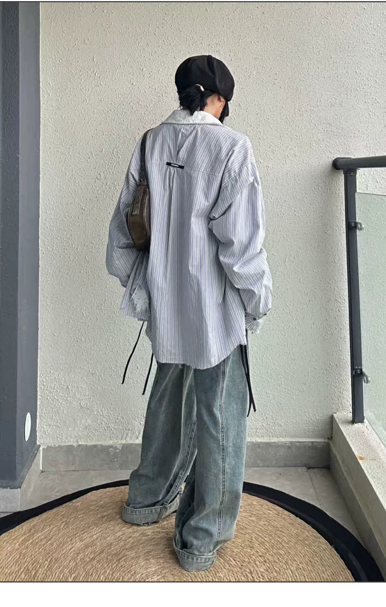 Asymmetric Pleated Stripe Cotton Shirt