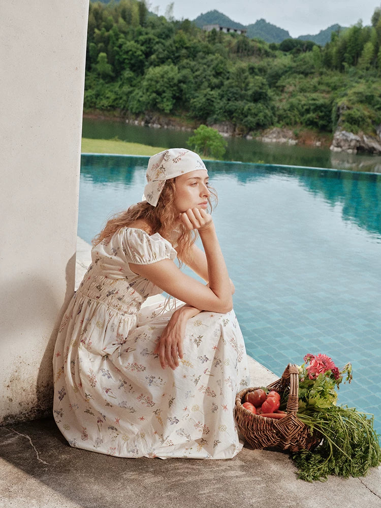 Botanical Graffiti Cotton Ruched Tie Dress