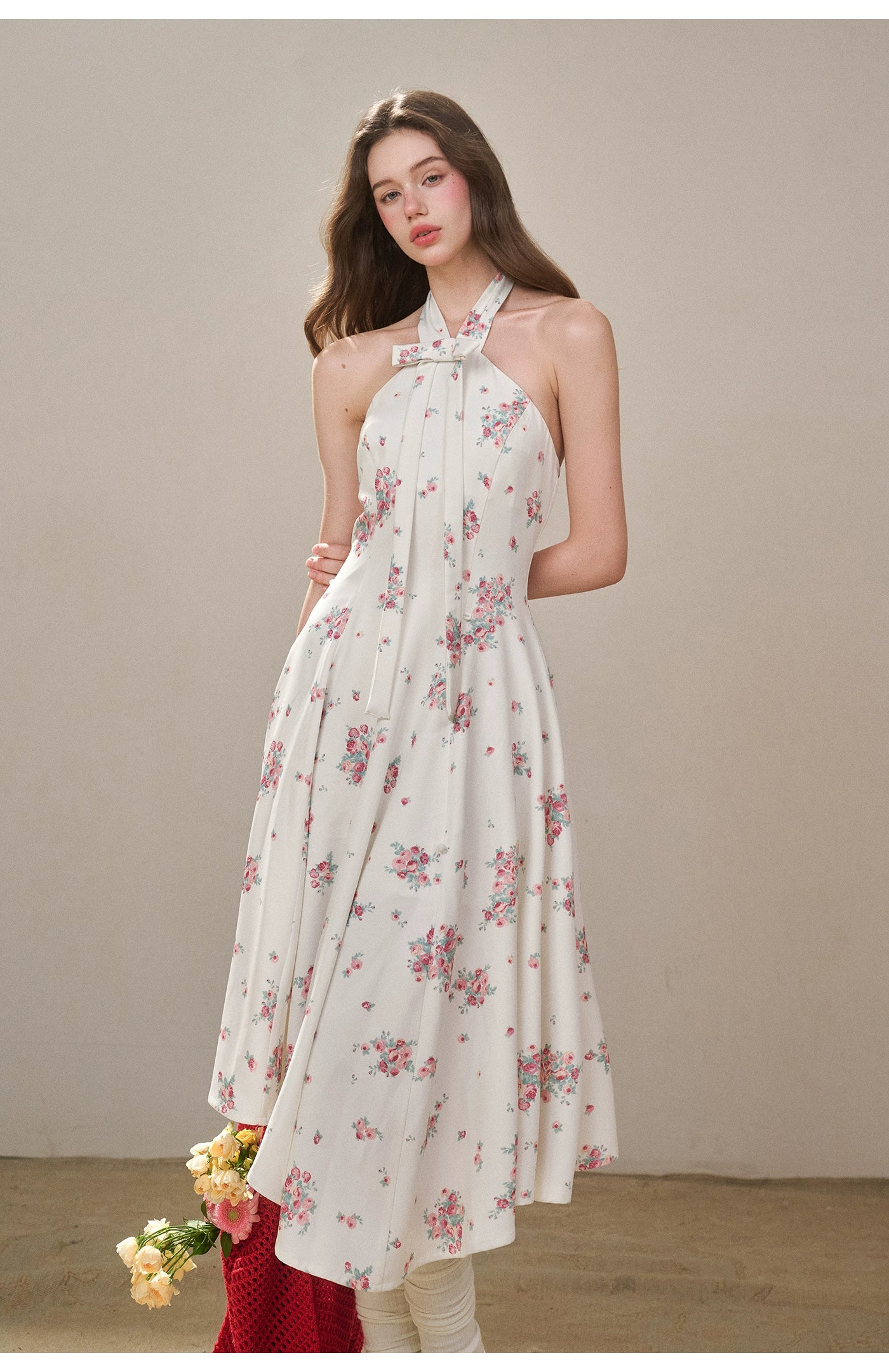 Rose Pleats Halter Midi Dress