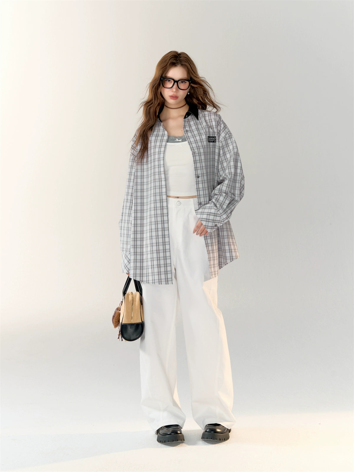 Leather Collar Embroidered Lace Plaid Shirt - CHINASQUAD