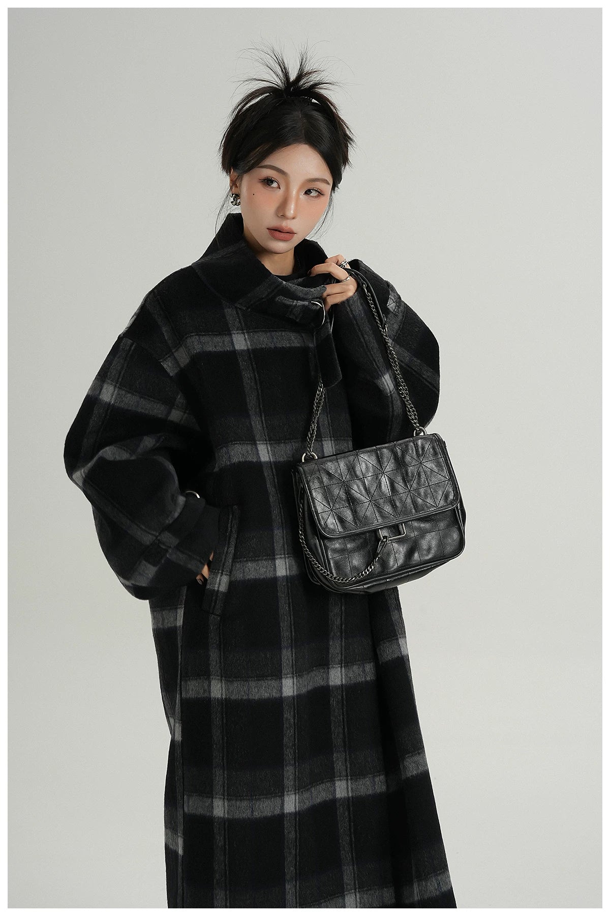 Plaid Stand-Collar Double-Faced Wool Coat