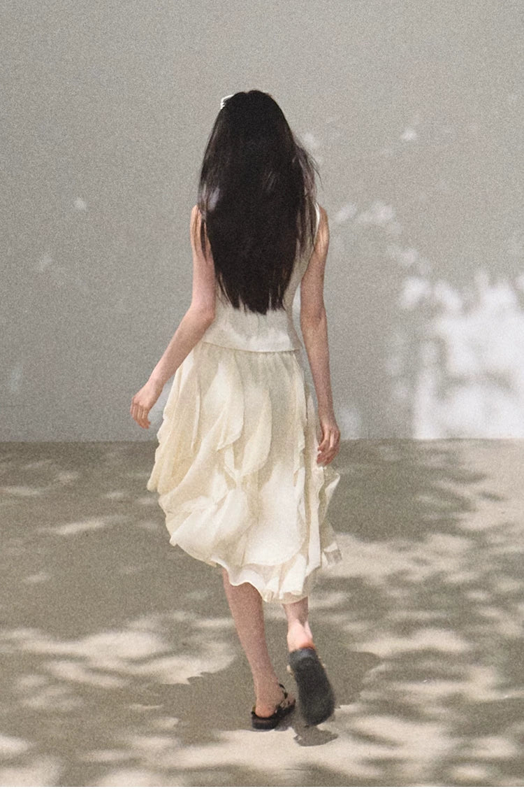 Asymmetric Ruffle Lace-Trim A-Line Midi Skirt