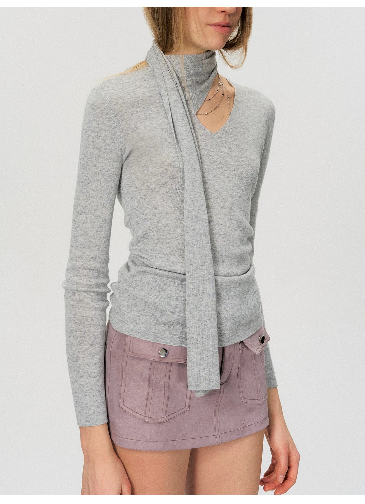 Fine Wool Blend Scarf-Neck Slim Fit Knit Top