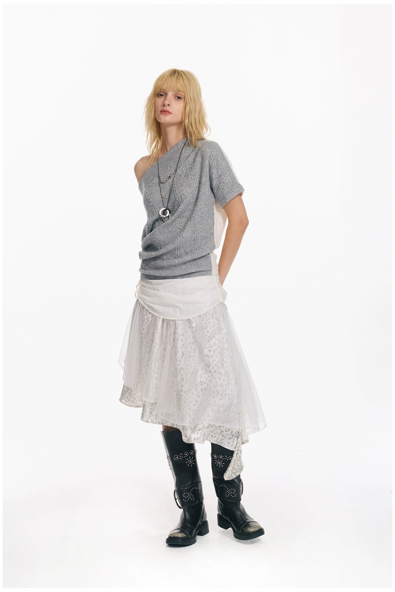 Diagonal Bat-Sleeve Knit Crewneck