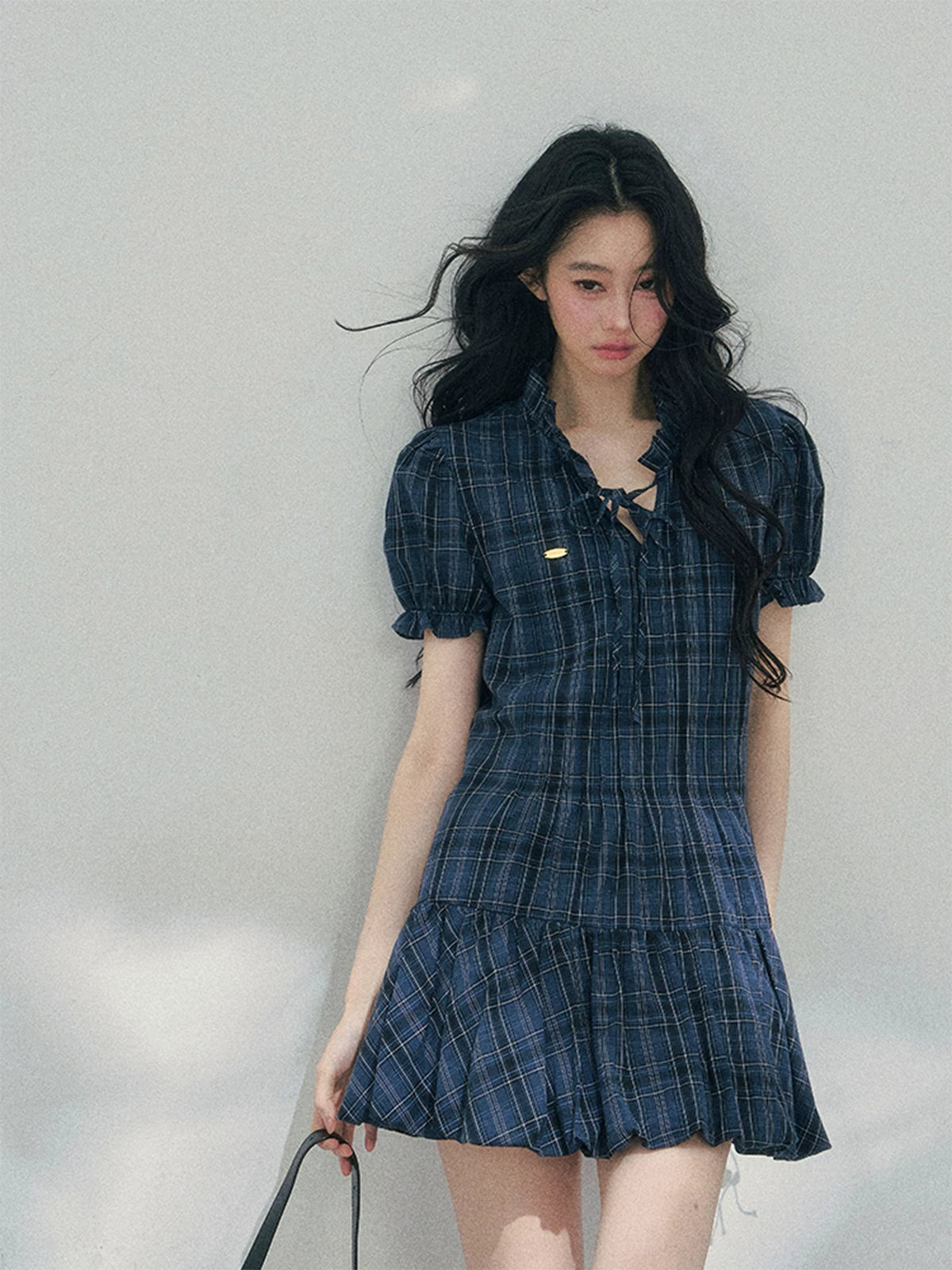 French Plaid Puff Sleeve Mini Dress