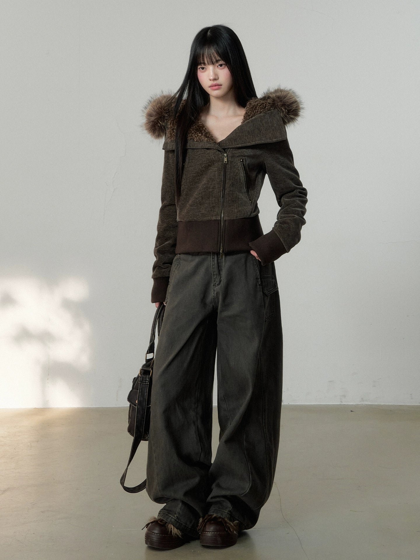 Vintage-Wash Curved Wide-Leg Pants