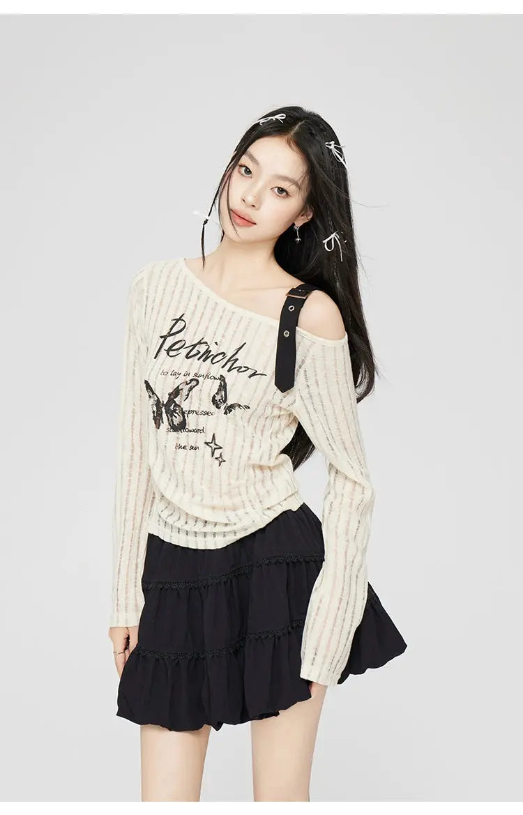 Gray & Beige Hollow Off-shoulder Long Sleeve T-shirt - CHINASQUAD