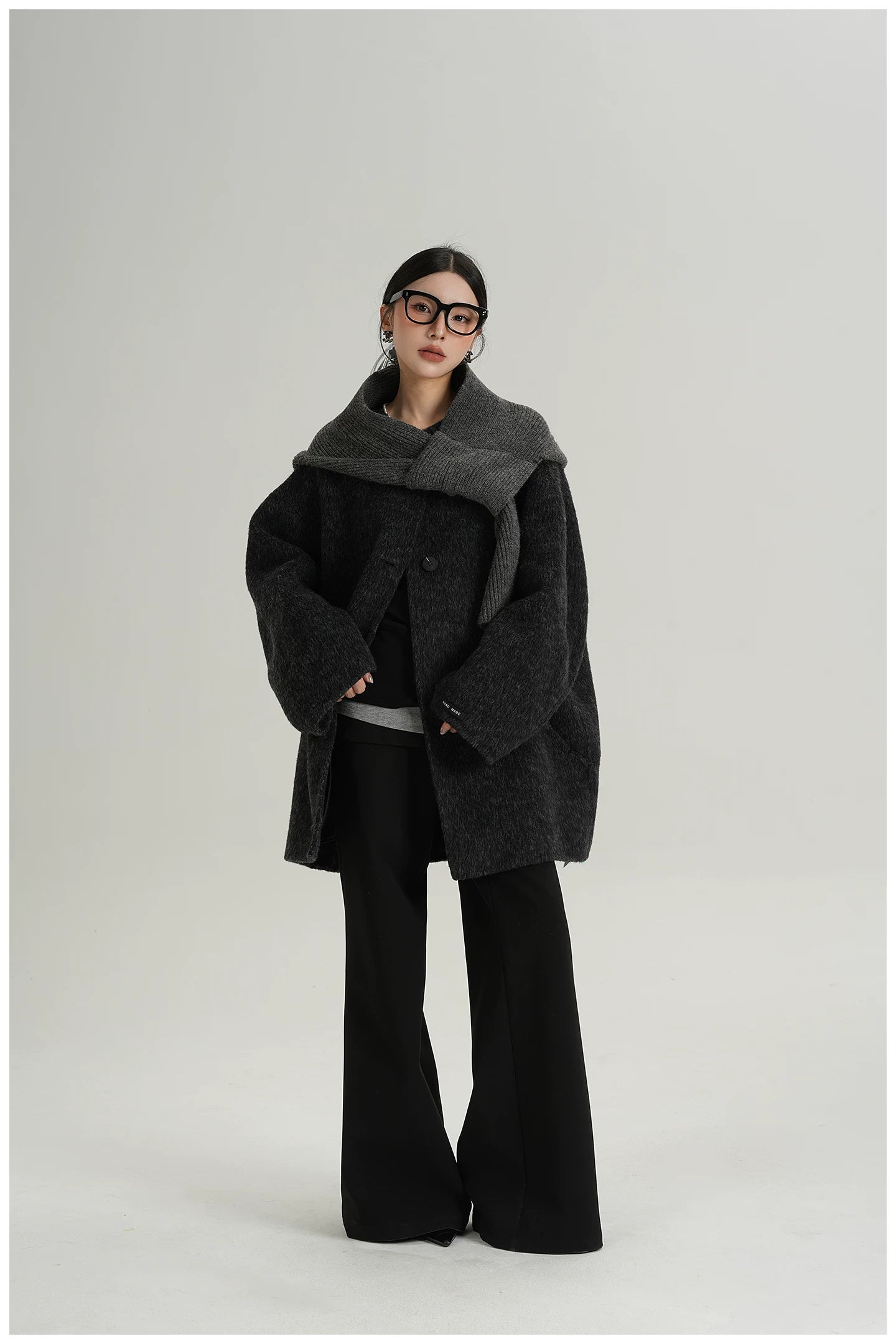 Knitted Hooded Scarf Mid-Length Wool Coat