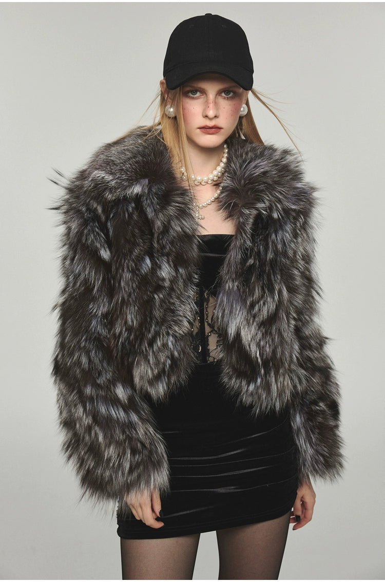Turn-down Collar Silver Fox Fur Short Coat - CHINASQUAD