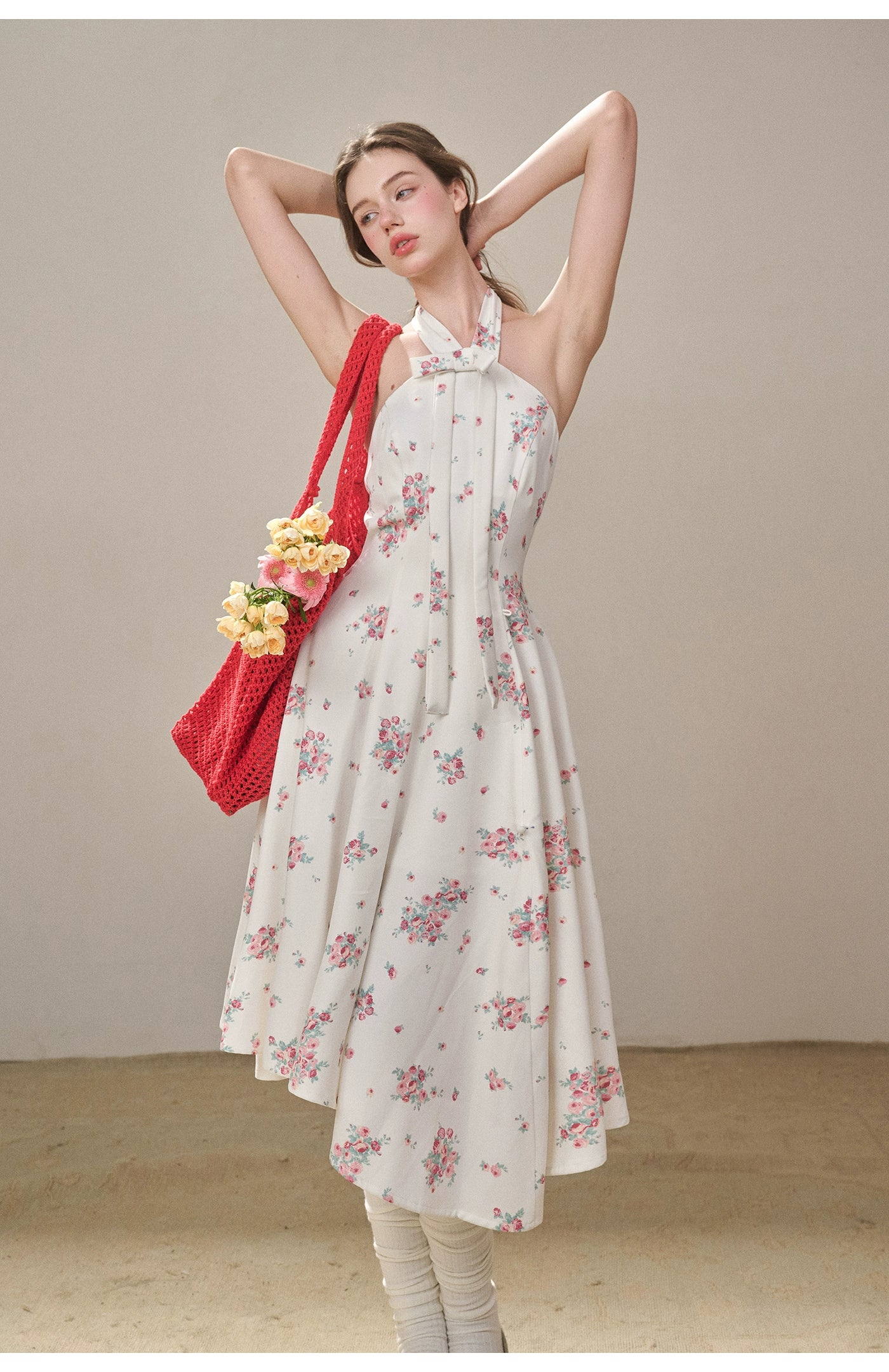 Rose Pleats Halter Midi Dress