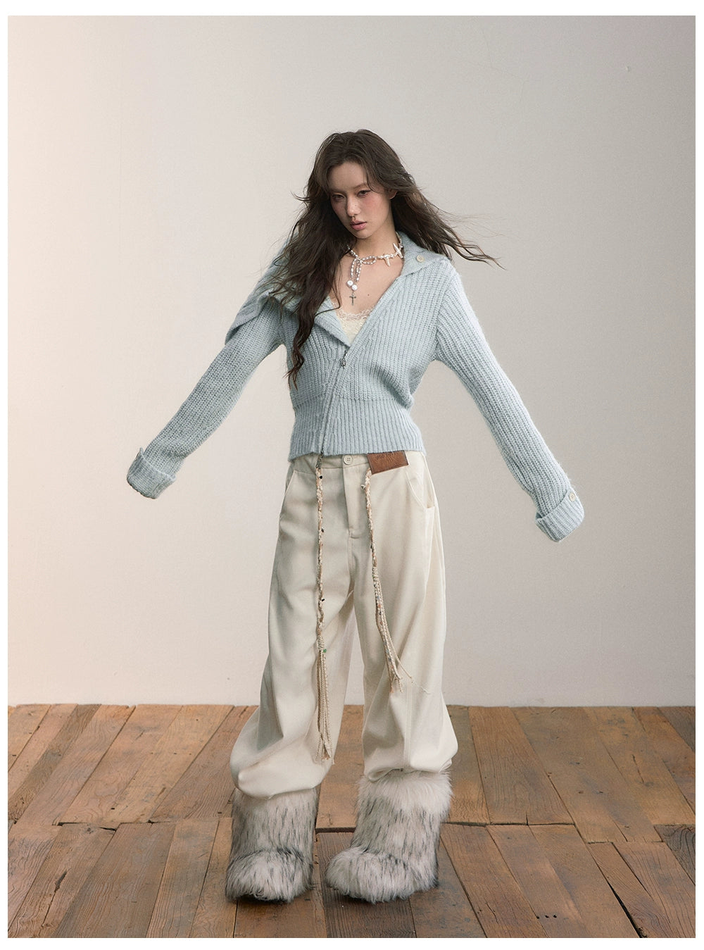 Oversized Lapel Asymmetrical Zip Knit Cardigan - CHINASQUAD