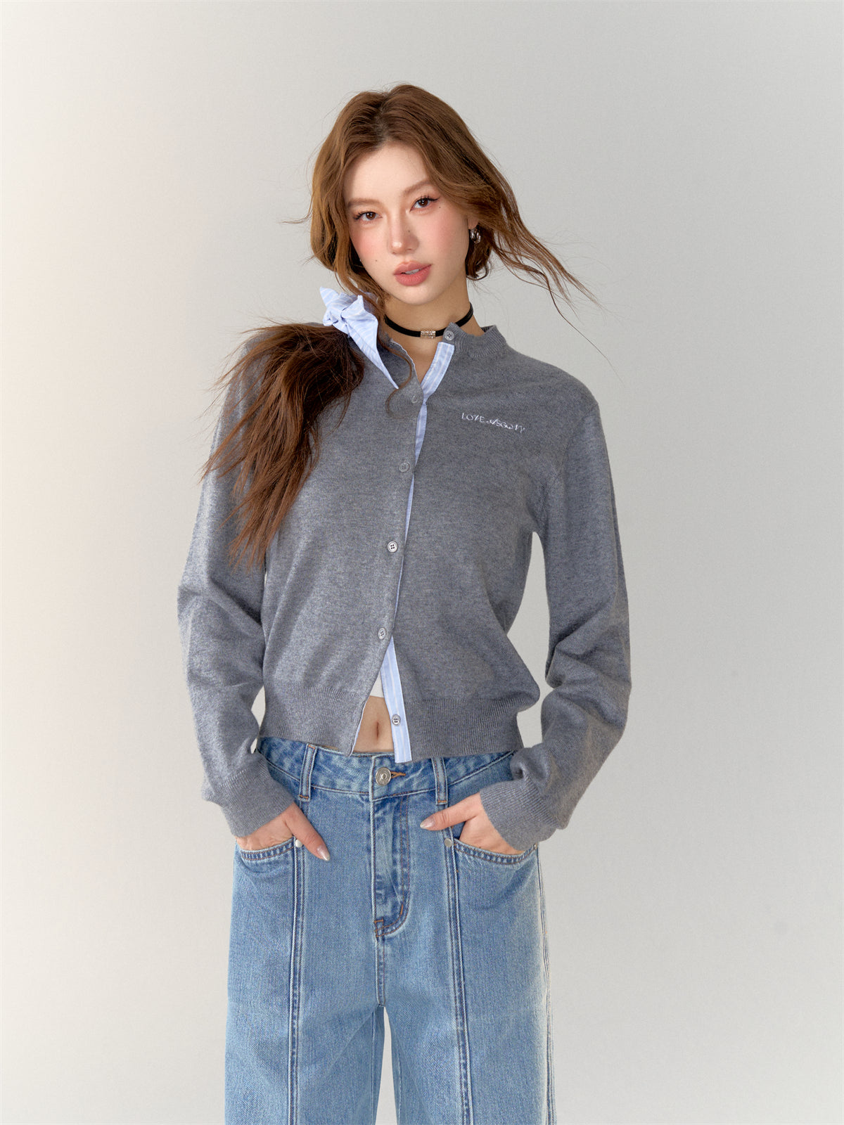 Stripe Patchwork Dark Grey Knitted Cardigan - CHINASQUAD