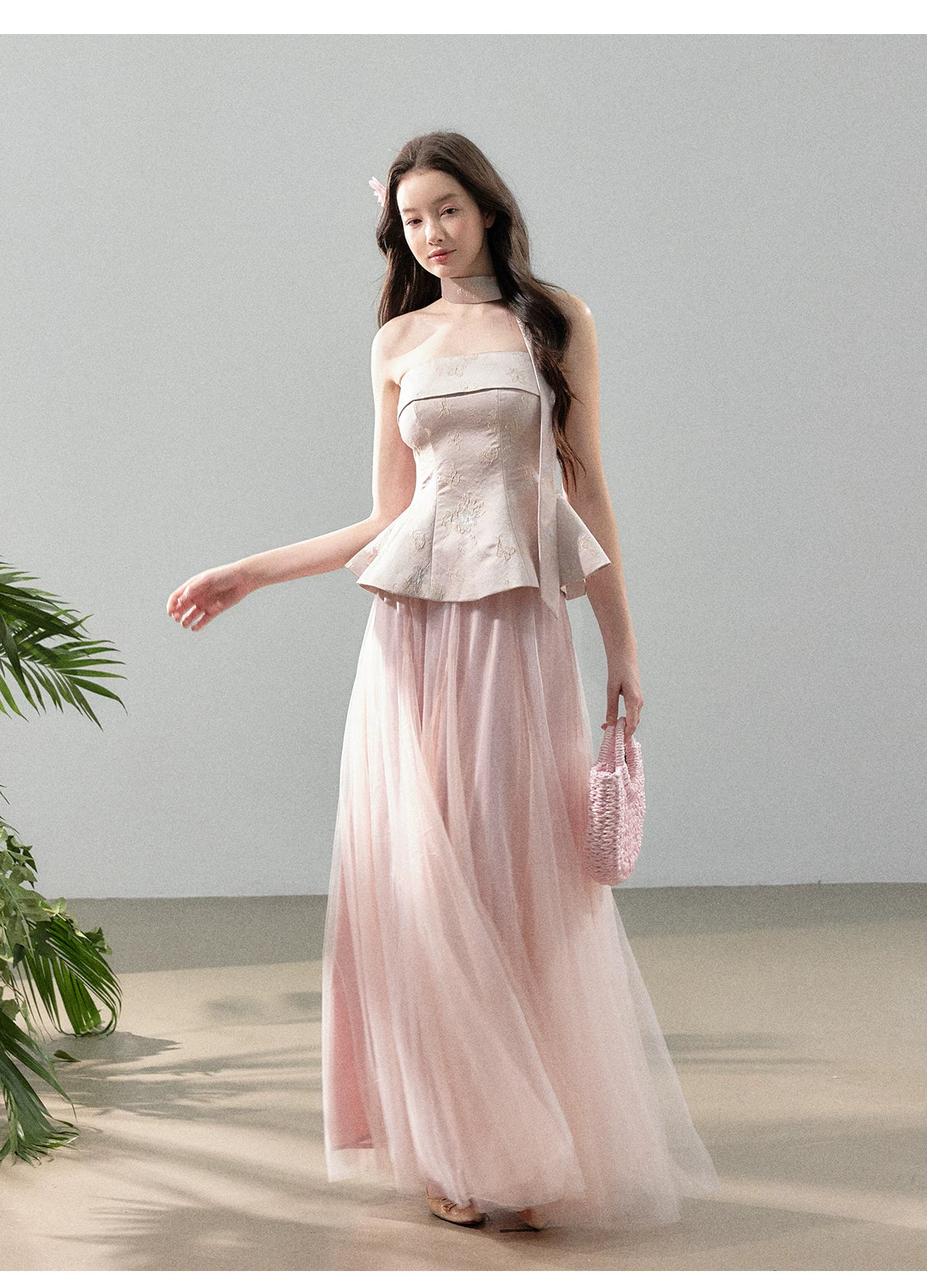 Floral Jacquard Corset Top & Sheer Mesh Skirt Set