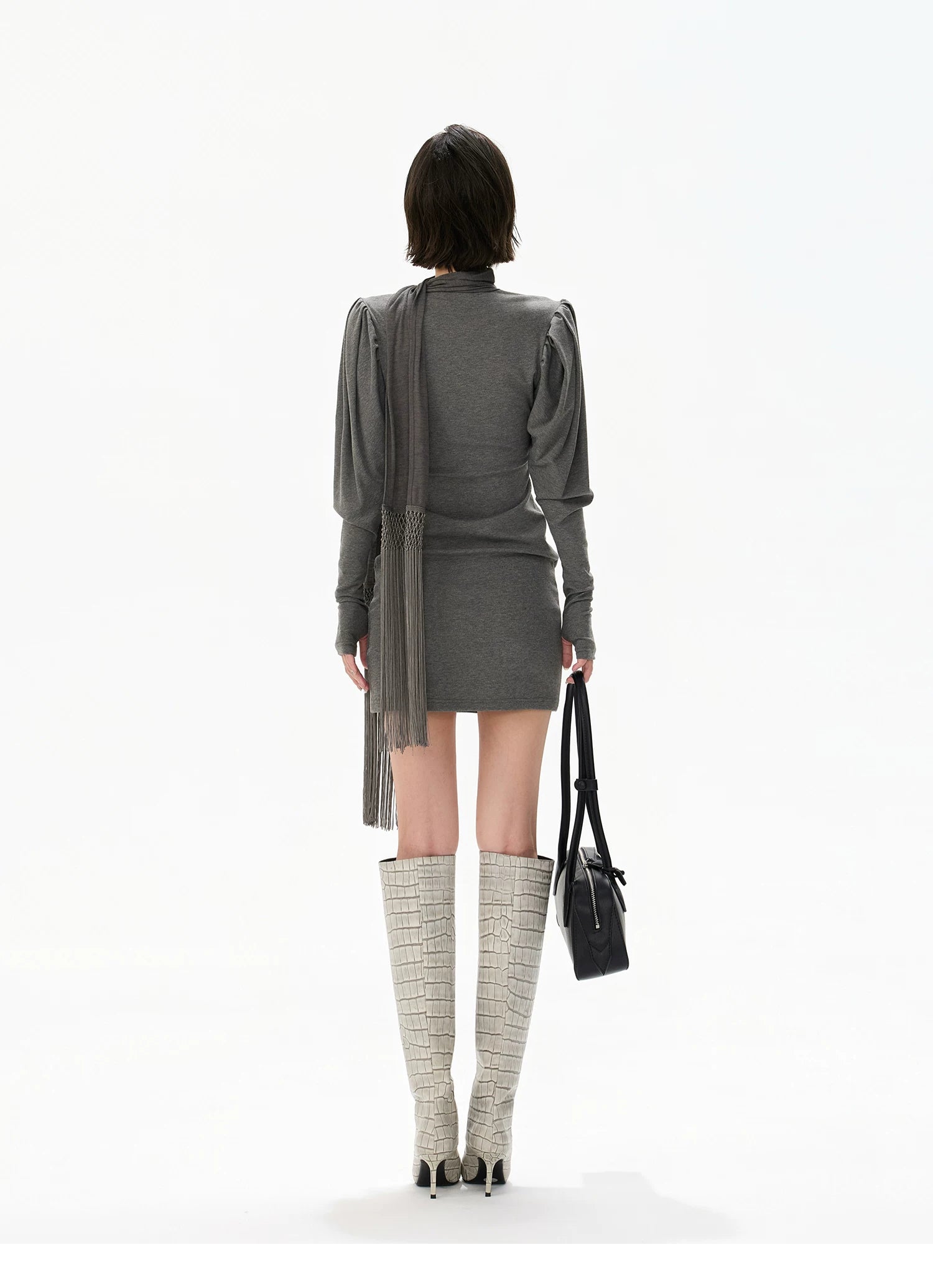 Minimalist Draped Turtleneck Knit Mini Dress with Tassel Ties